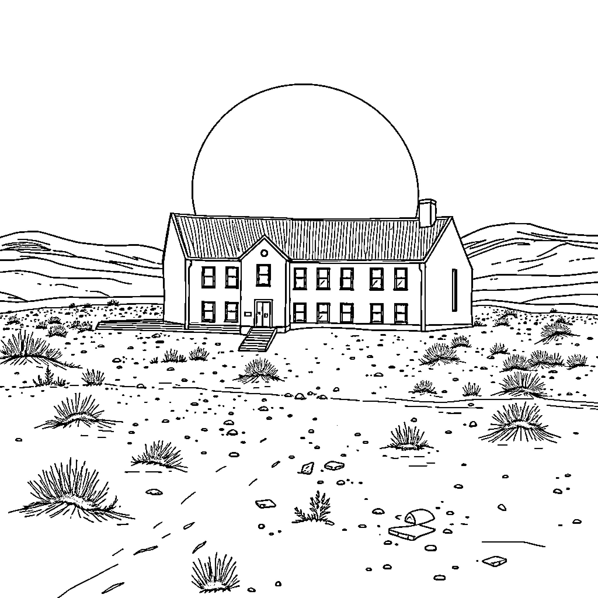 School building in the desert landscape Coloring Page (free black-and-white line drawing printable PDF for all, from beginners to advanced learners, including children, teens, adults, and seniors)