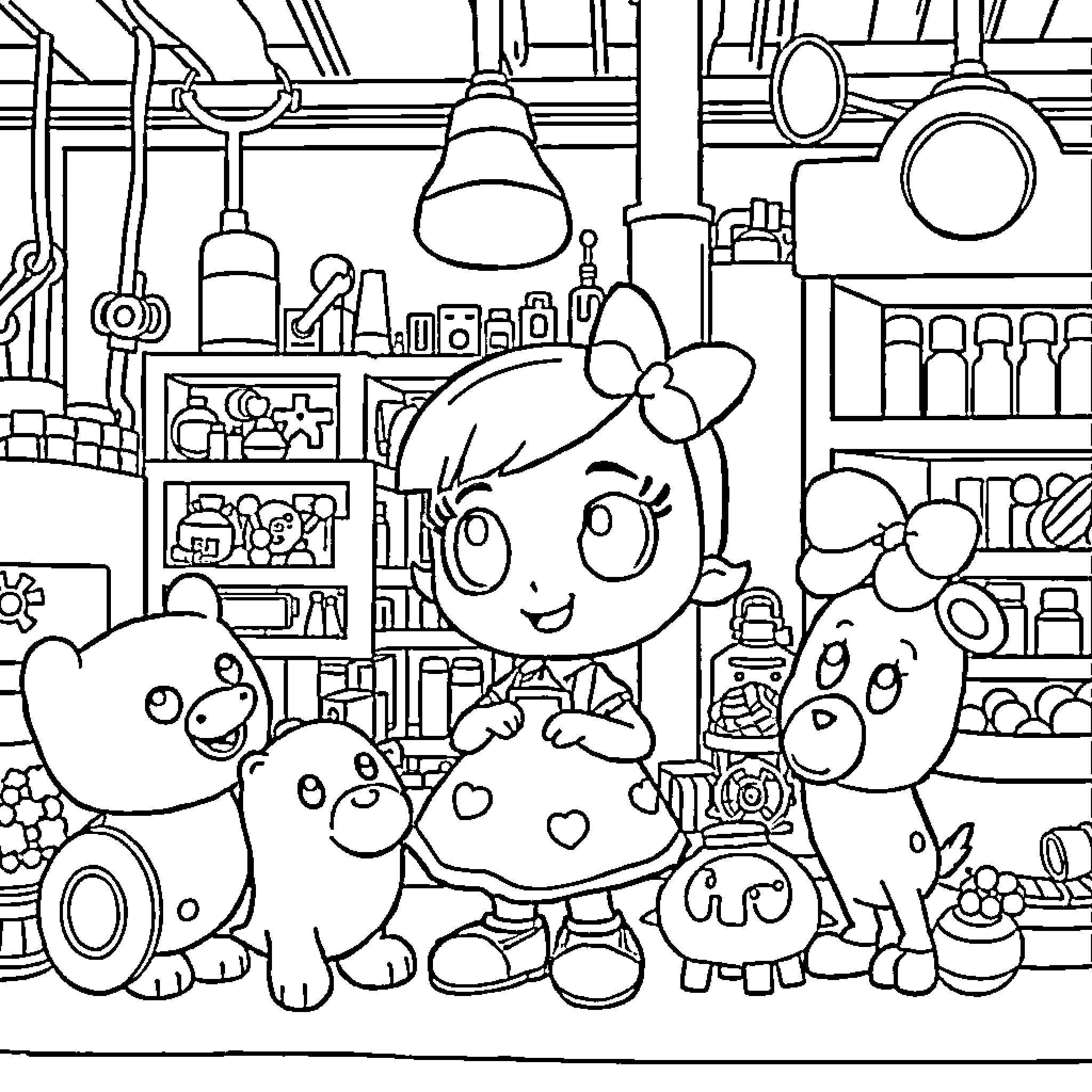 Poppy's Playful Workshop Adventure Coloring Page (free black-and-white line drawing printable PDF for all, from beginners to advanced learners, including children, teens, adults, and seniors)