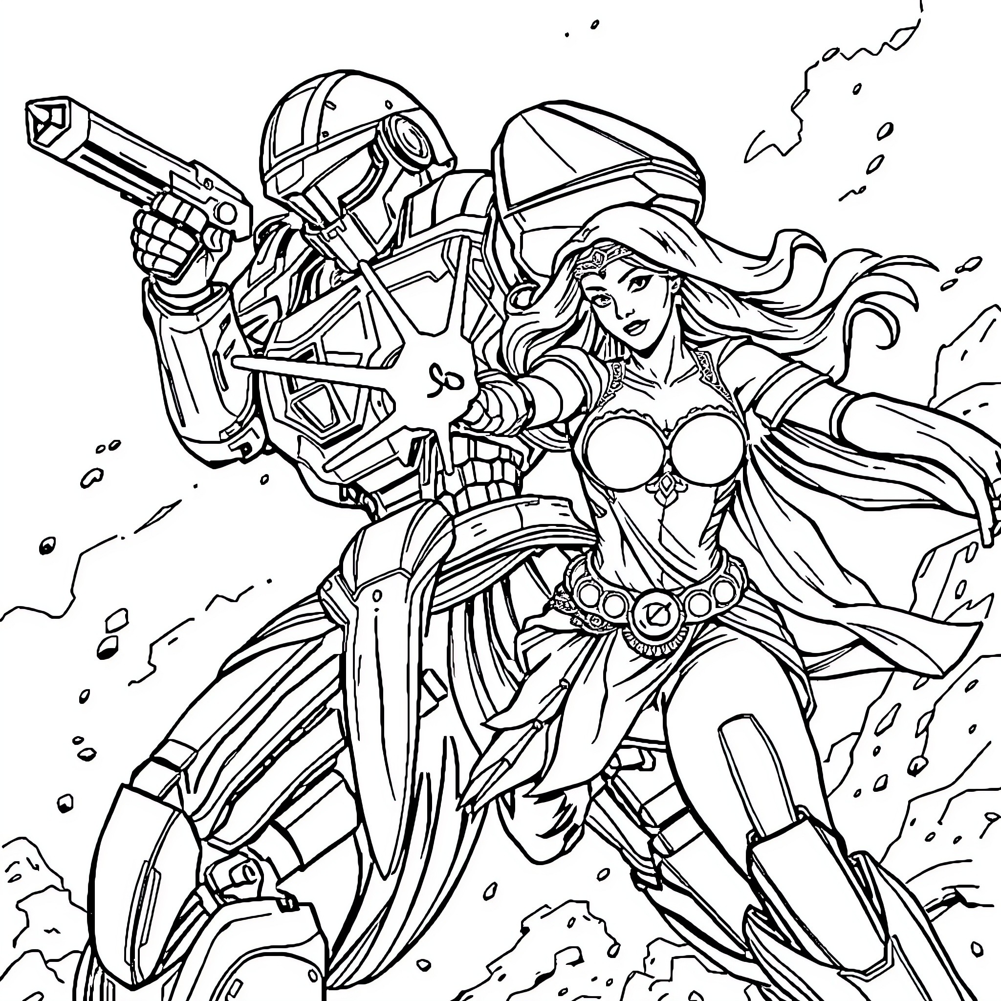Robot warrior woman in battle pose Coloring Page (free black-and-white line drawing printable PDF for all, from beginners to advanced learners, including children, teens, adults, and seniors)