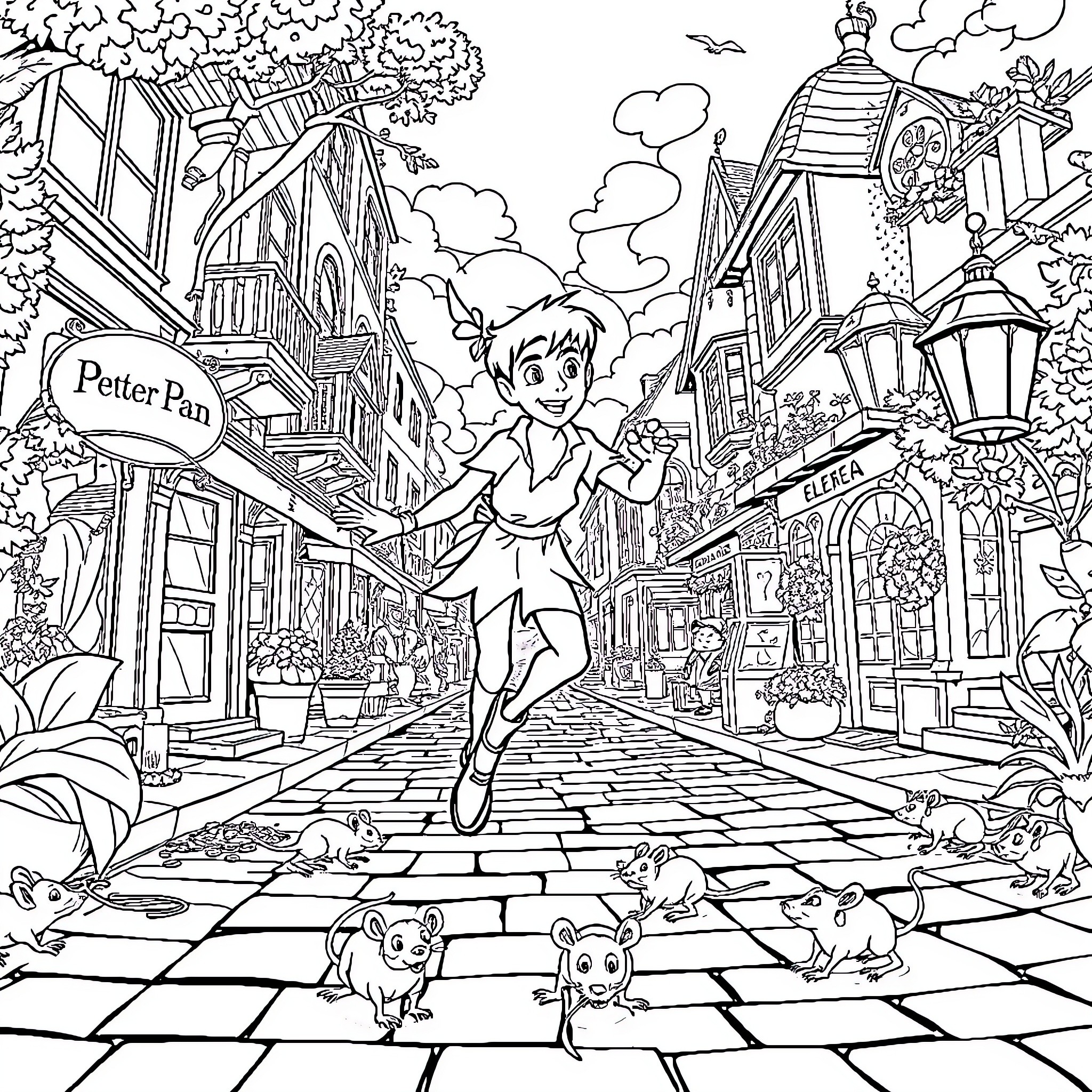 Peter Pan flying over a whimsical town Coloring Page (free black-and-white line drawing printable PDF for all, from beginners to advanced learners, including children, teens, adults, and seniors)