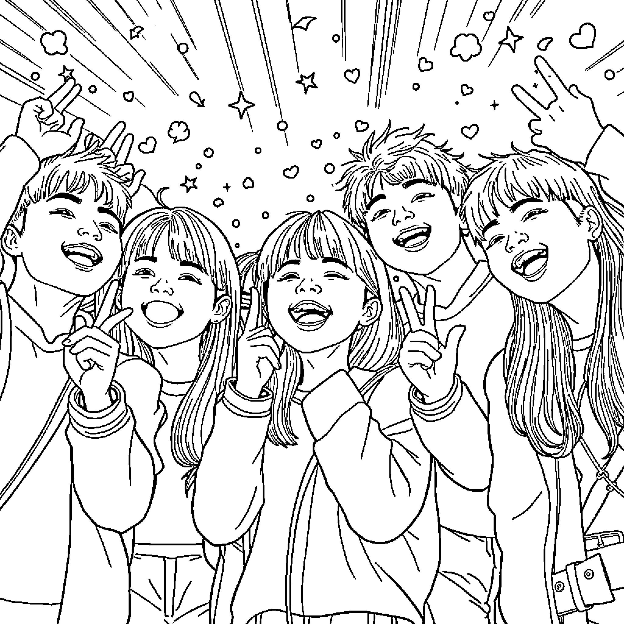 K-pop Hunter: Cheerful K-pop fans celebrate with excitement Coloring Page (free black-and-white line drawing printable PDF for all, from beginners to advanced learners, including children, teens, adults, and seniors)
