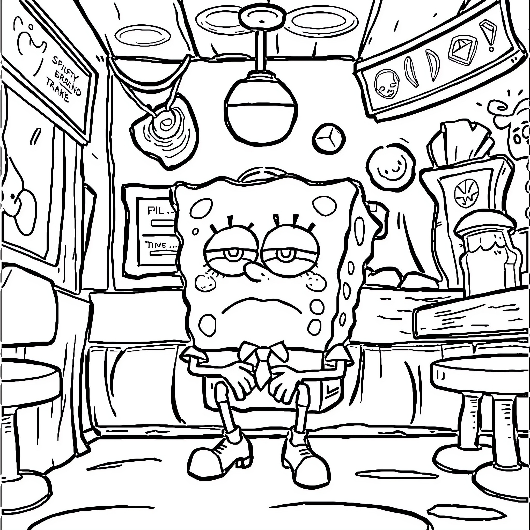 Spongebob's Whimsical Adventures in a Cluttered Room Coloring Page (free black-and-white line drawing printable PDF for all, from beginners to advanced learners, including children, teens, adults, and seniors)