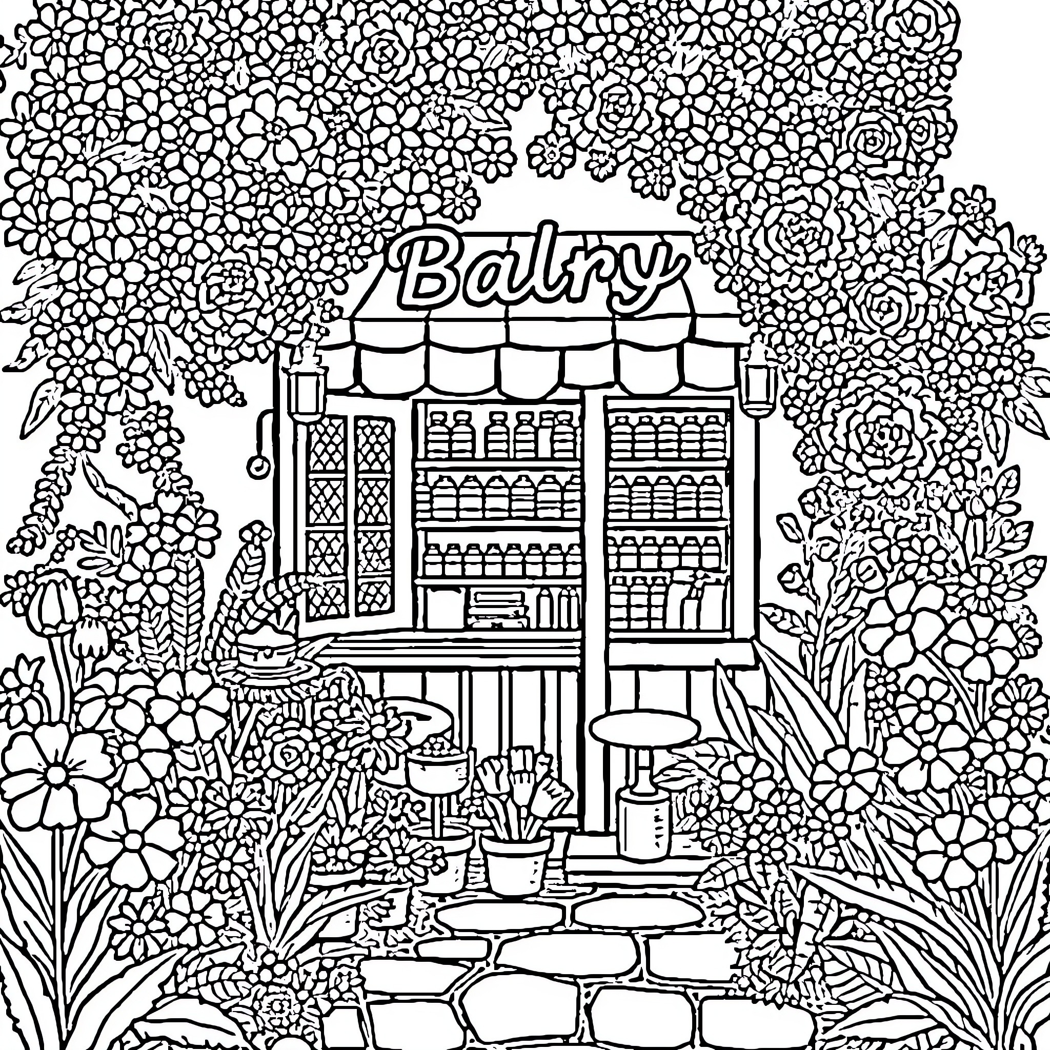 Bakery in a Floral Garden Coloring Page (free black-and-white line drawing printable PDF for all, from beginners to advanced learners, including children, teens, adults, and seniors)