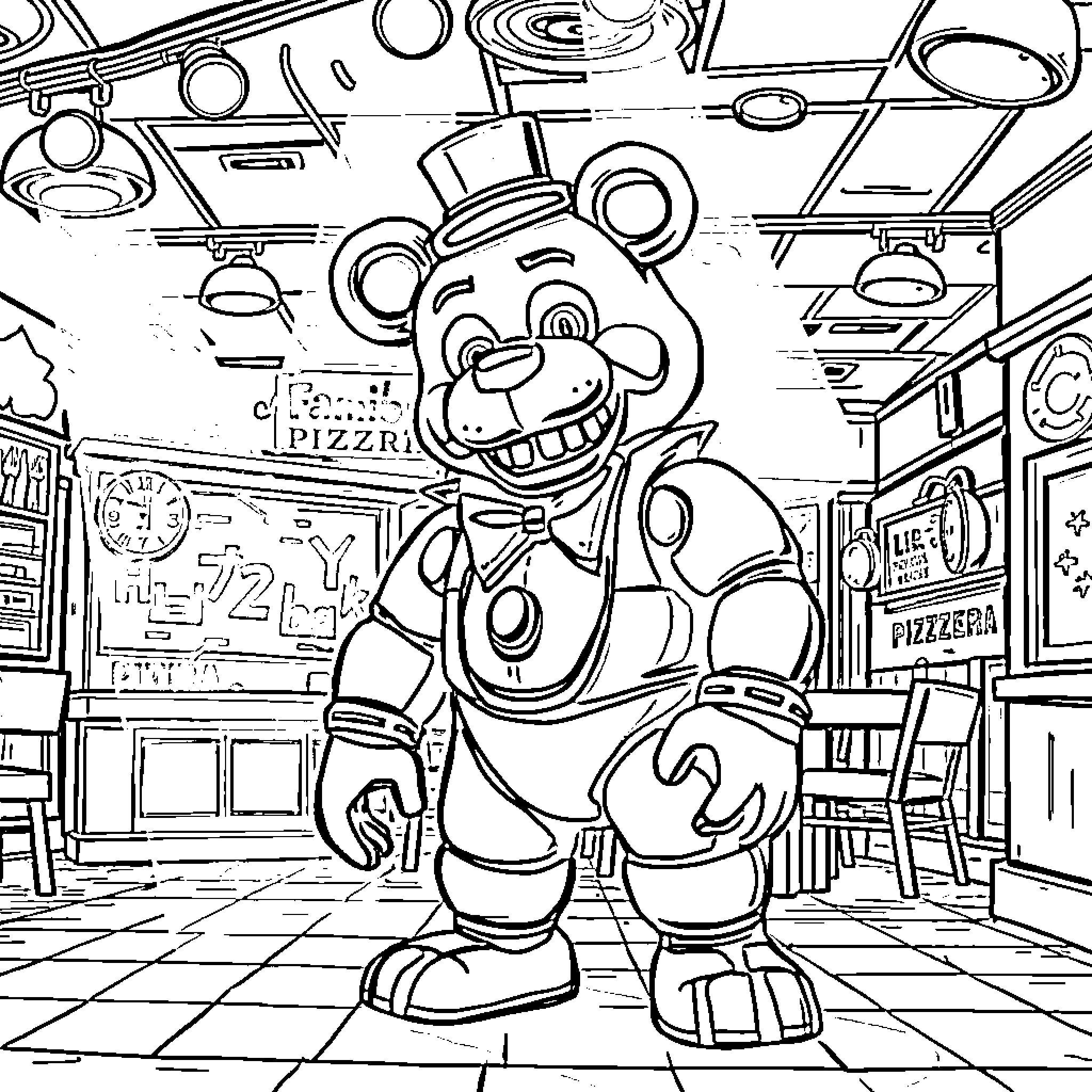 Freddy Fazbear in a Pizzeria Setting Coloring Page (free black-and-white line drawing printable PDF for all, from beginners to advanced learners, including children, teens, adults, and seniors)