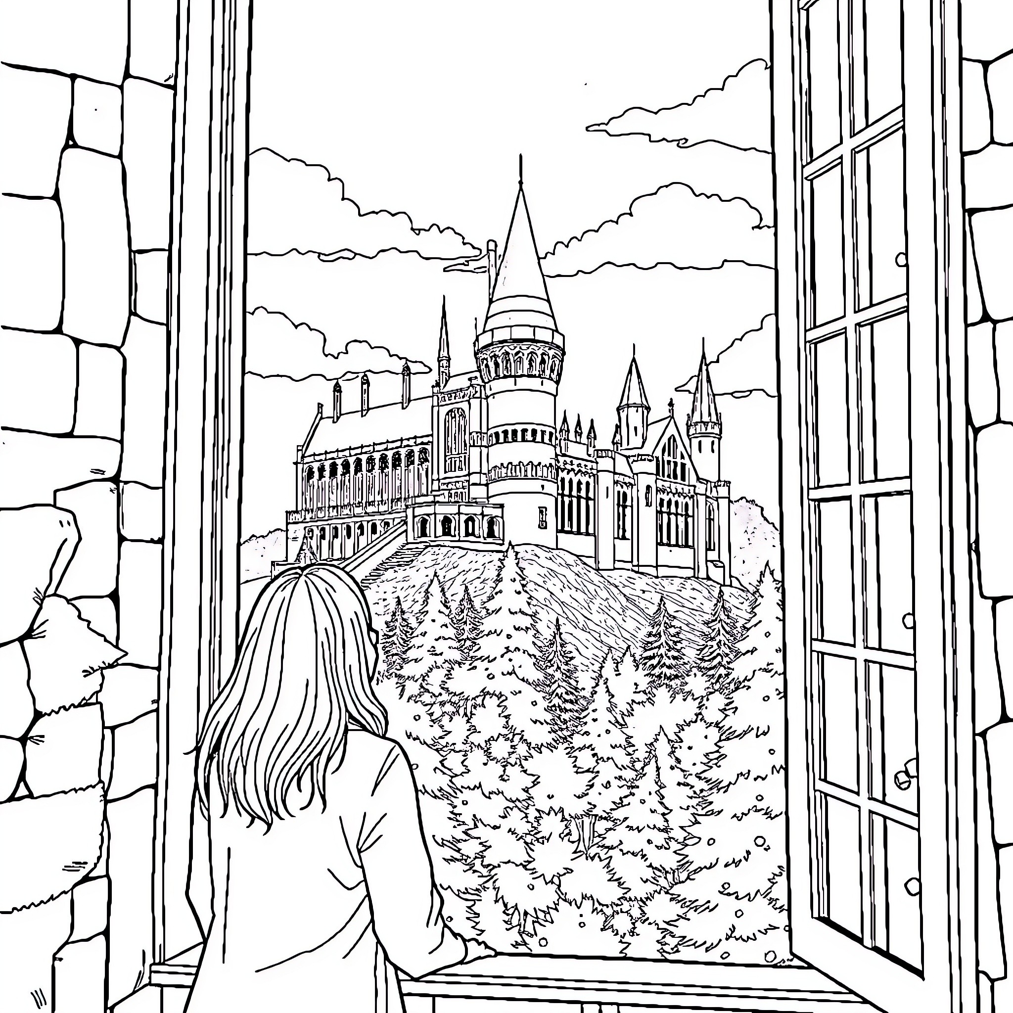 Hogwarts Castle Viewed Through a Window Coloring Page (free black-and-white line drawing printable PDF for all, from beginners to advanced learners, including children, teens, adults, and seniors)