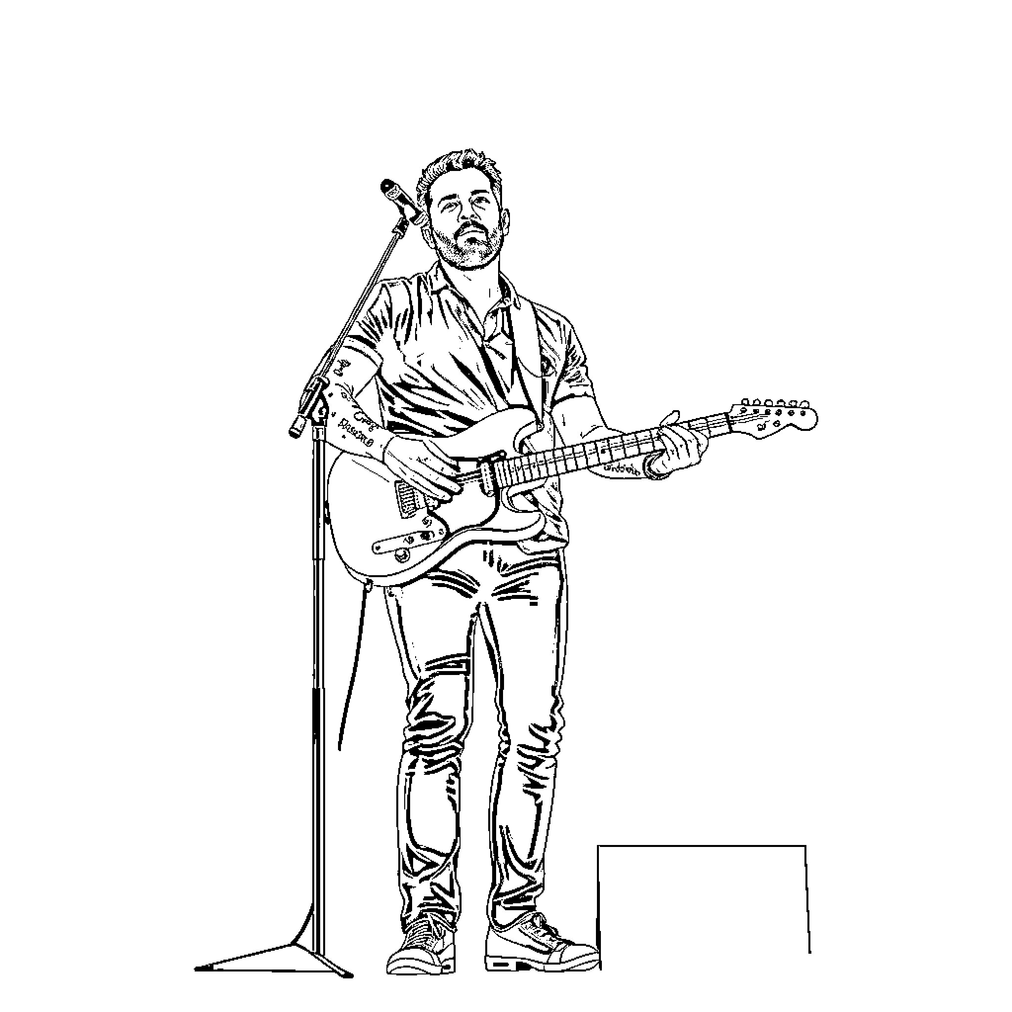 Justin Furstenfeld performing with guitar and microphone Coloring Page (free black-and-white line drawing printable PDF for all, from beginners to advanced learners, including children, teens, adults, and seniors)