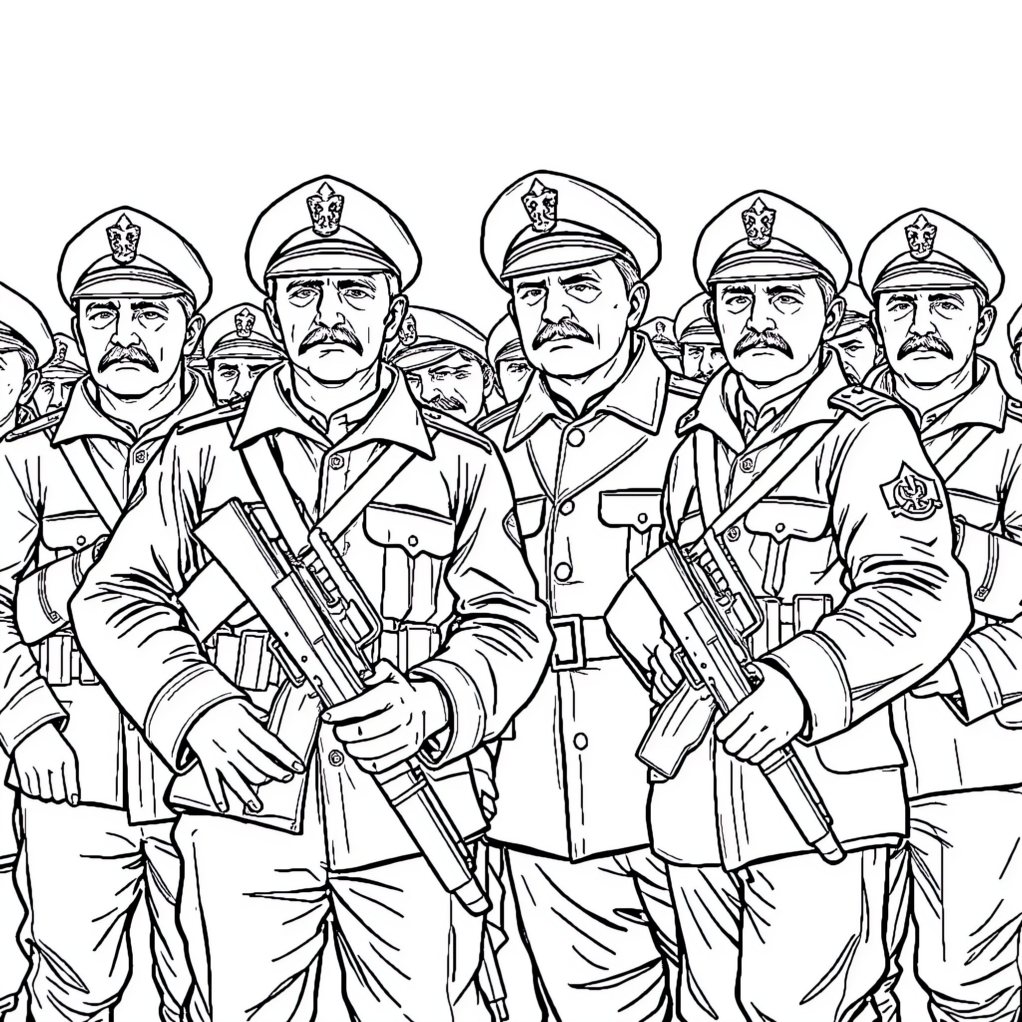 Soldier squad in military uniforms and postures Coloring Page (free black-and-white line drawing printable PDF for all, from beginners to advanced learners, including children, teens, adults, and seniors)