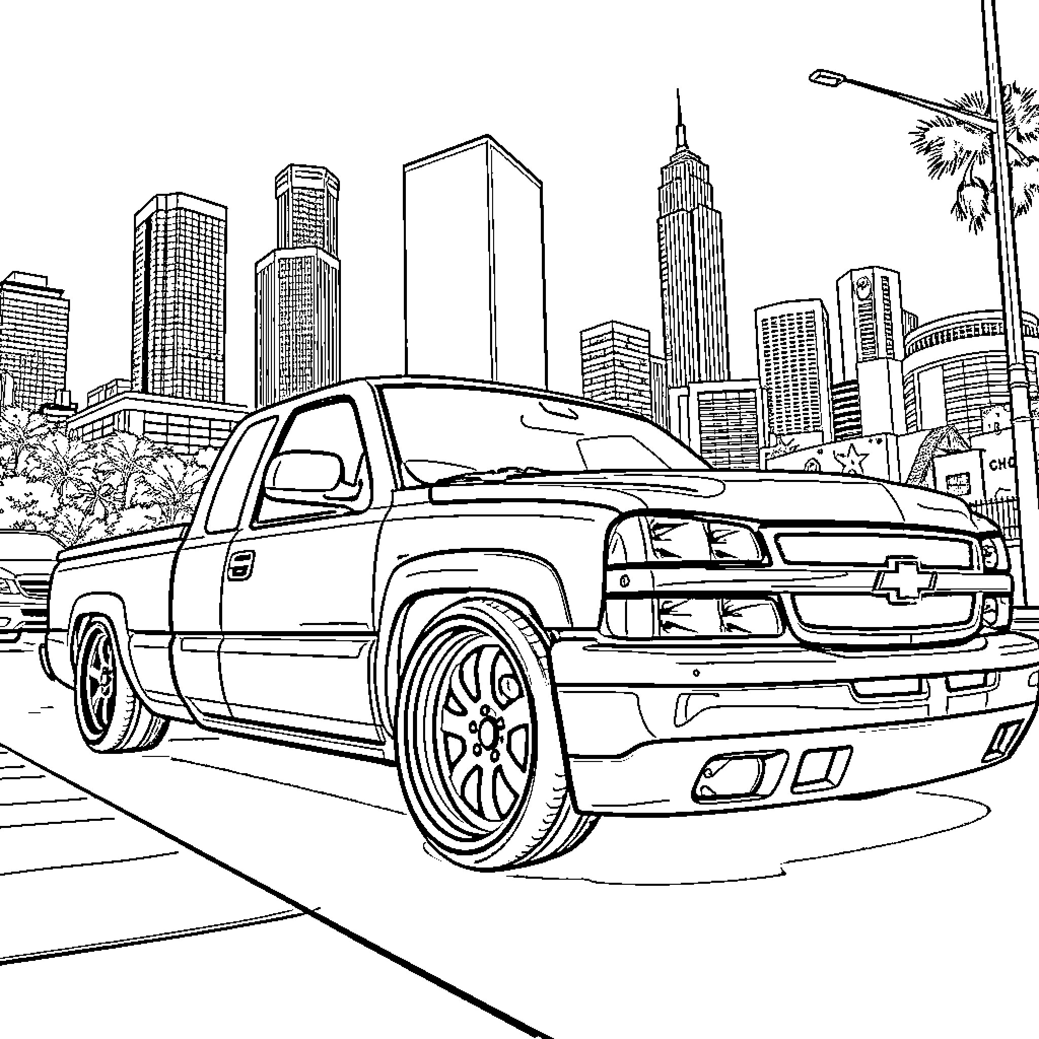 Silverado pickup truck in urban cityscape Coloring Page (free black-and-white line drawing printable PDF for all, from beginners to advanced learners, including children, teens, adults, and seniors)