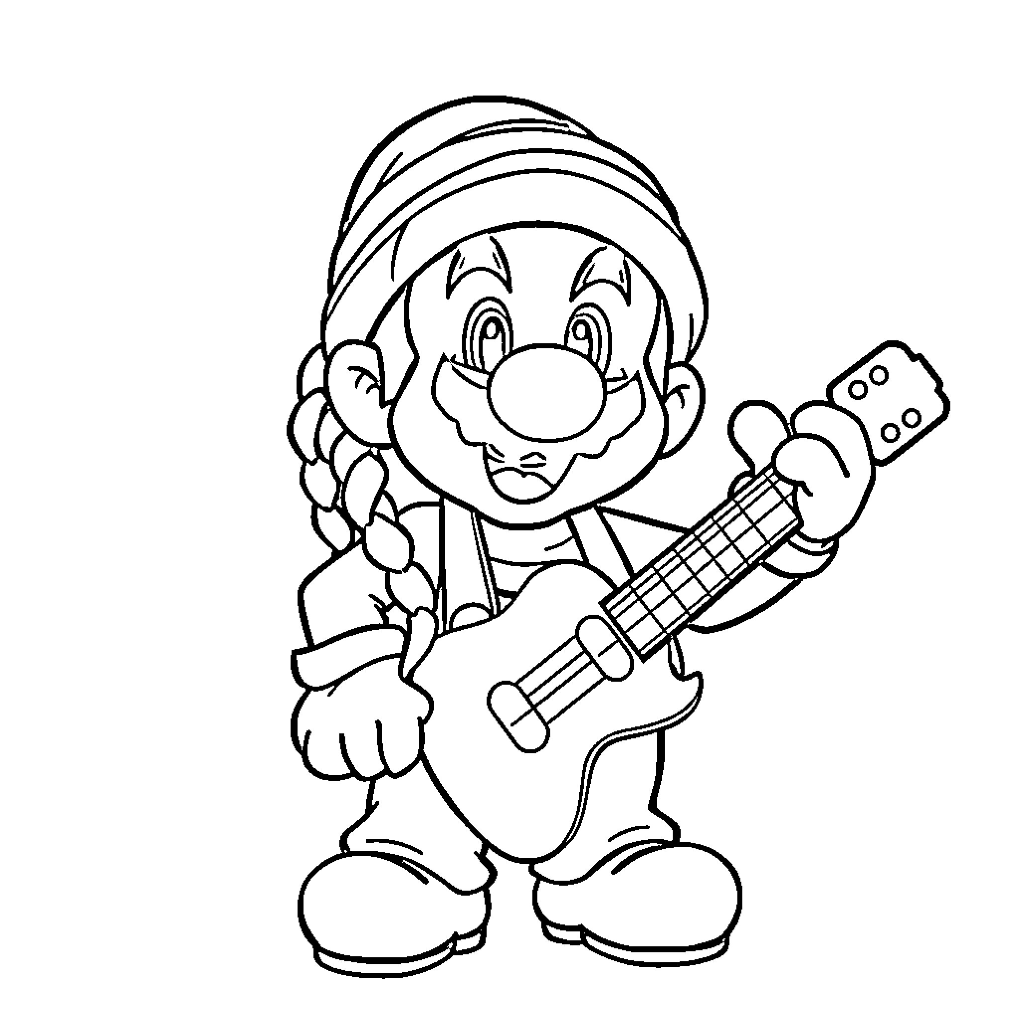 Mario playing guitar with joy Coloring Page (free black-and-white line drawing printable PDF for all, from beginners to advanced learners, including children, teens, adults, and seniors)