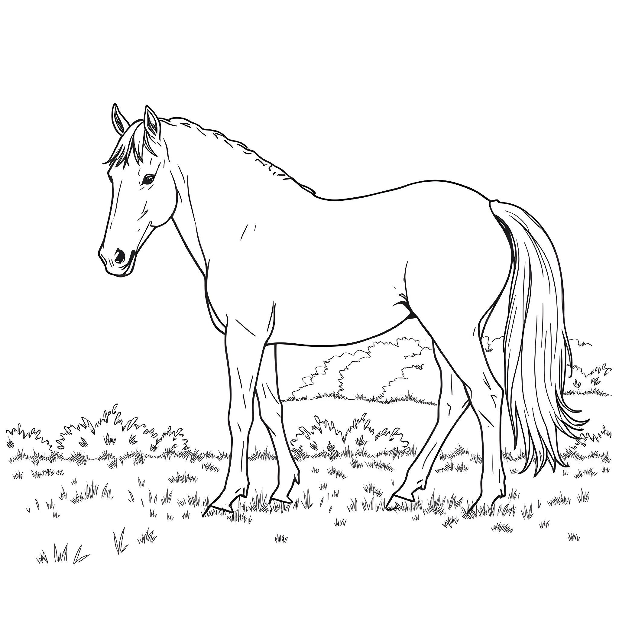 Horse standing proudly in a grassy field Coloring Page (free black-and-white line drawing printable PDF for all, from beginners to advanced learners, including children, teens, adults, and seniors)