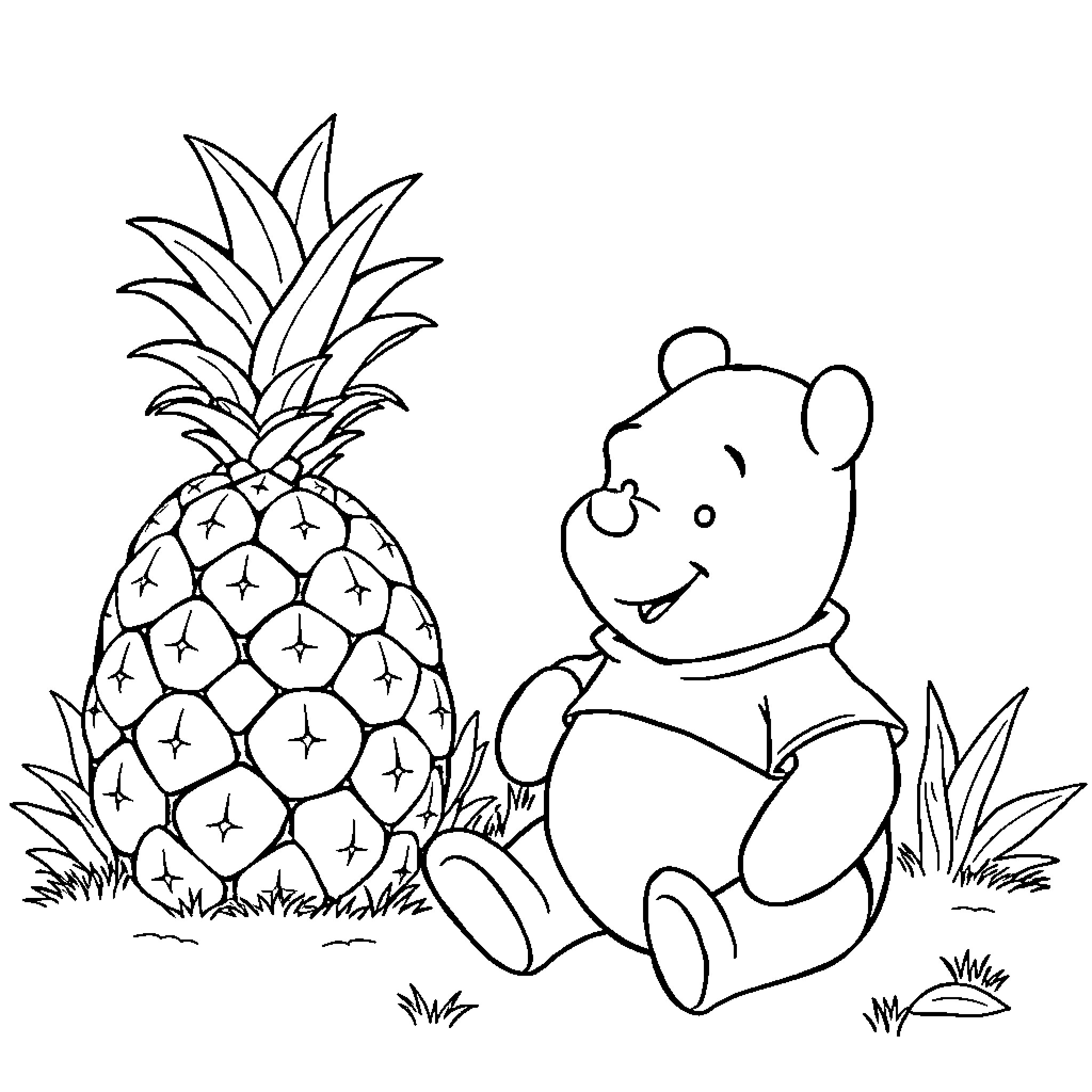 Winnie The Pooh enjoying a pineapple in the garden Coloring Page (free black-and-white line drawing printable PDF for all, from beginners to advanced learners, including children, teens, adults, and seniors)