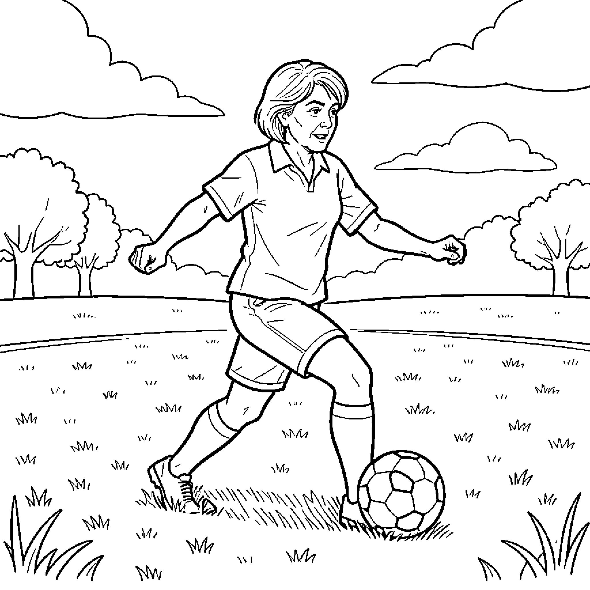 Marie Le Pen playing soccer in a grassy field Coloring Page (free black-and-white line drawing printable PDF for all, from beginners to advanced learners, including children, teens, adults, and seniors)