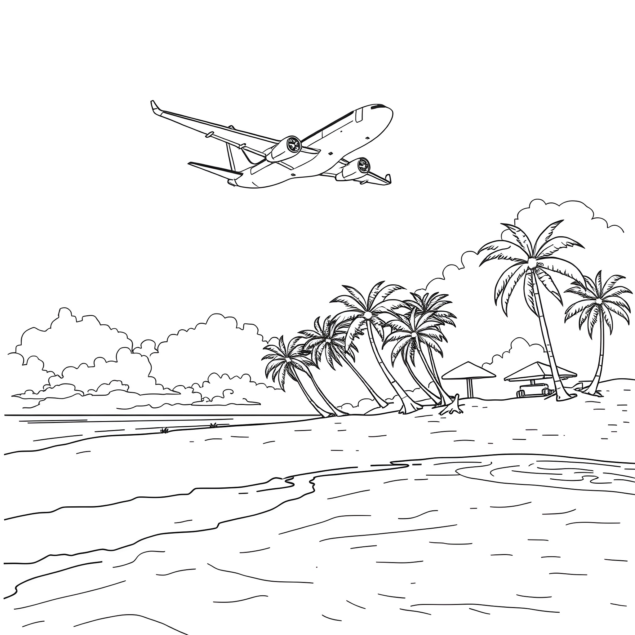 Plane flying over tropical beach scene Coloring Page (free black-and-white line drawing printable PDF for all, from beginners to advanced learners, including children, teens, adults, and seniors)