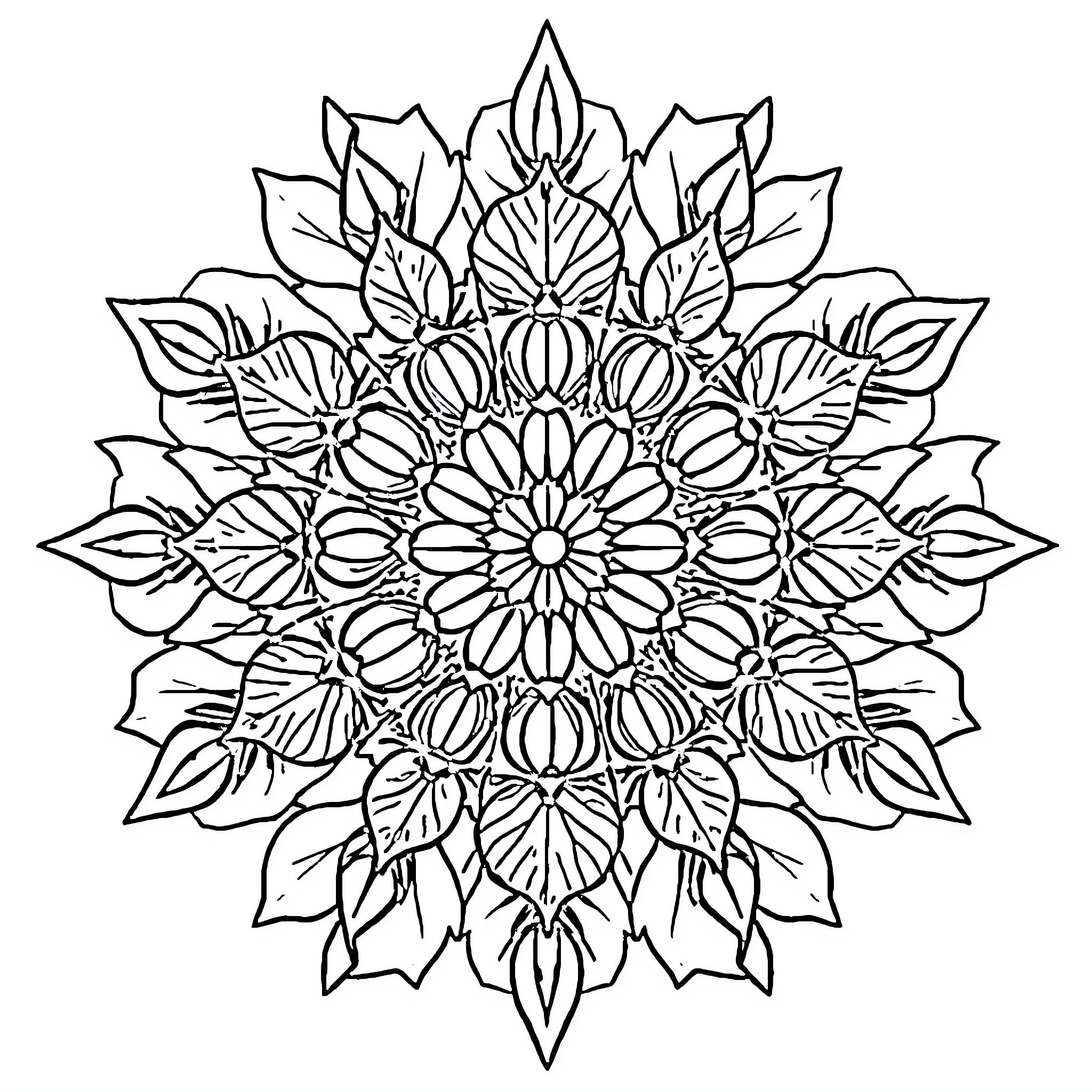 Mandala with intricate floral design Coloring Page (free black-and-white line drawing printable PDF for all, from beginners to advanced learners, including children, teens, adults, and seniors)