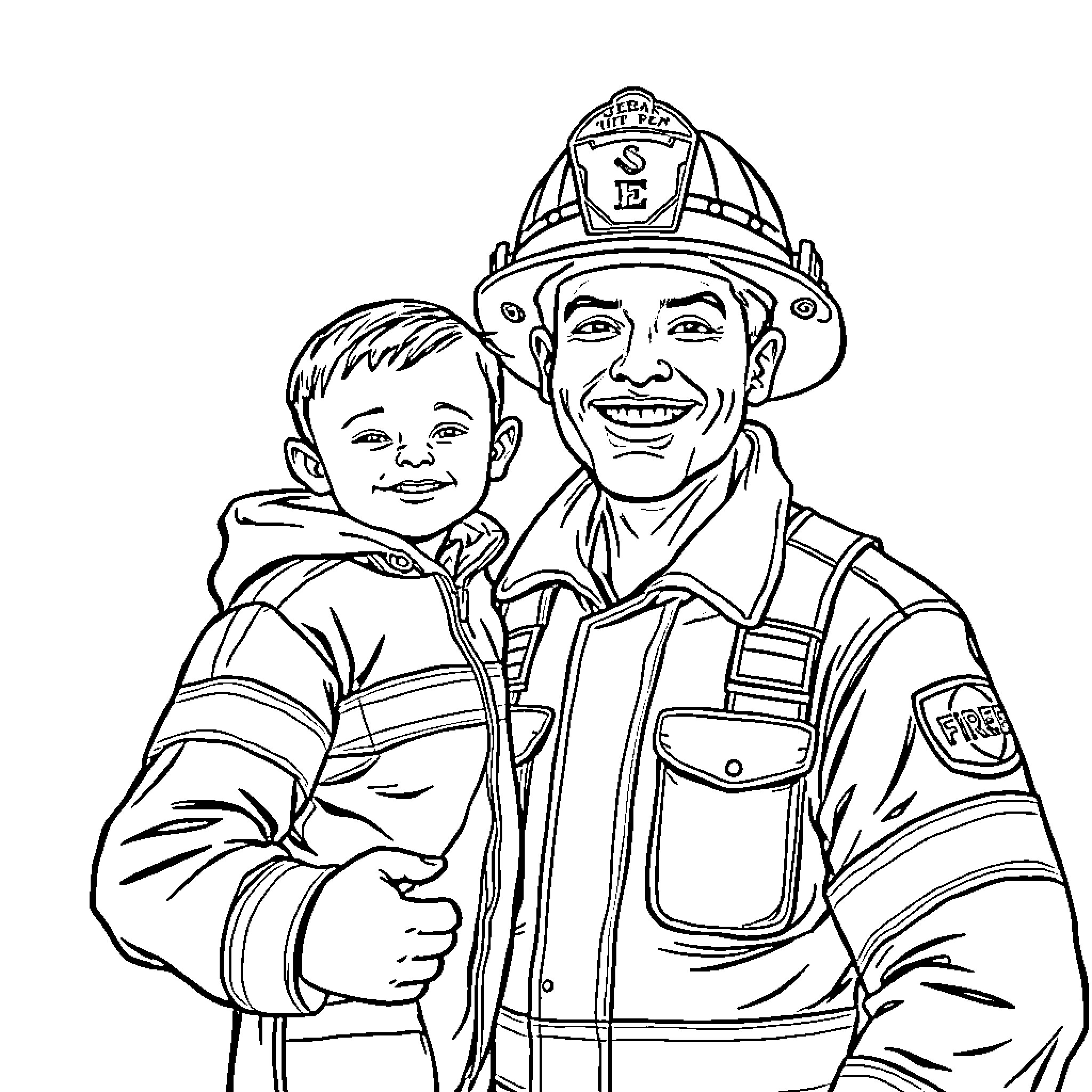 Firefighter assisting a child in protective gear Coloring Page (free black-and-white line drawing printable PDF for all, from beginners to advanced learners, including children, teens, adults, and seniors)