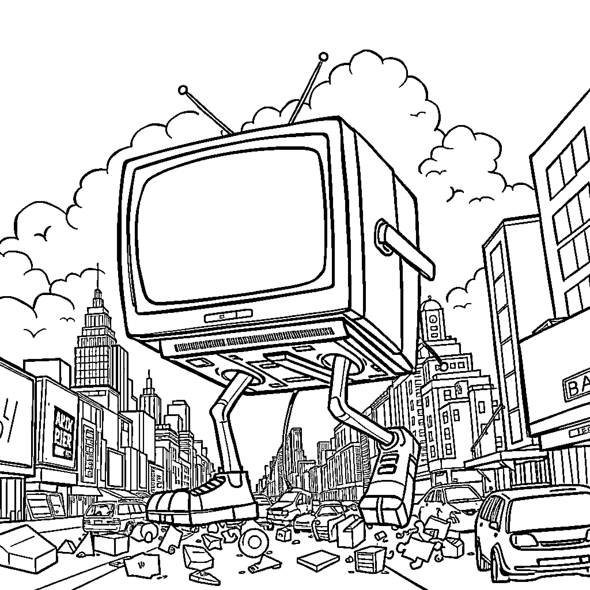 TV Showing Cityscape with Debris on Street Coloring Page (free black-and-white line drawing printable PDF for all, from beginners to advanced learners, including children, teens, adults, and seniors)