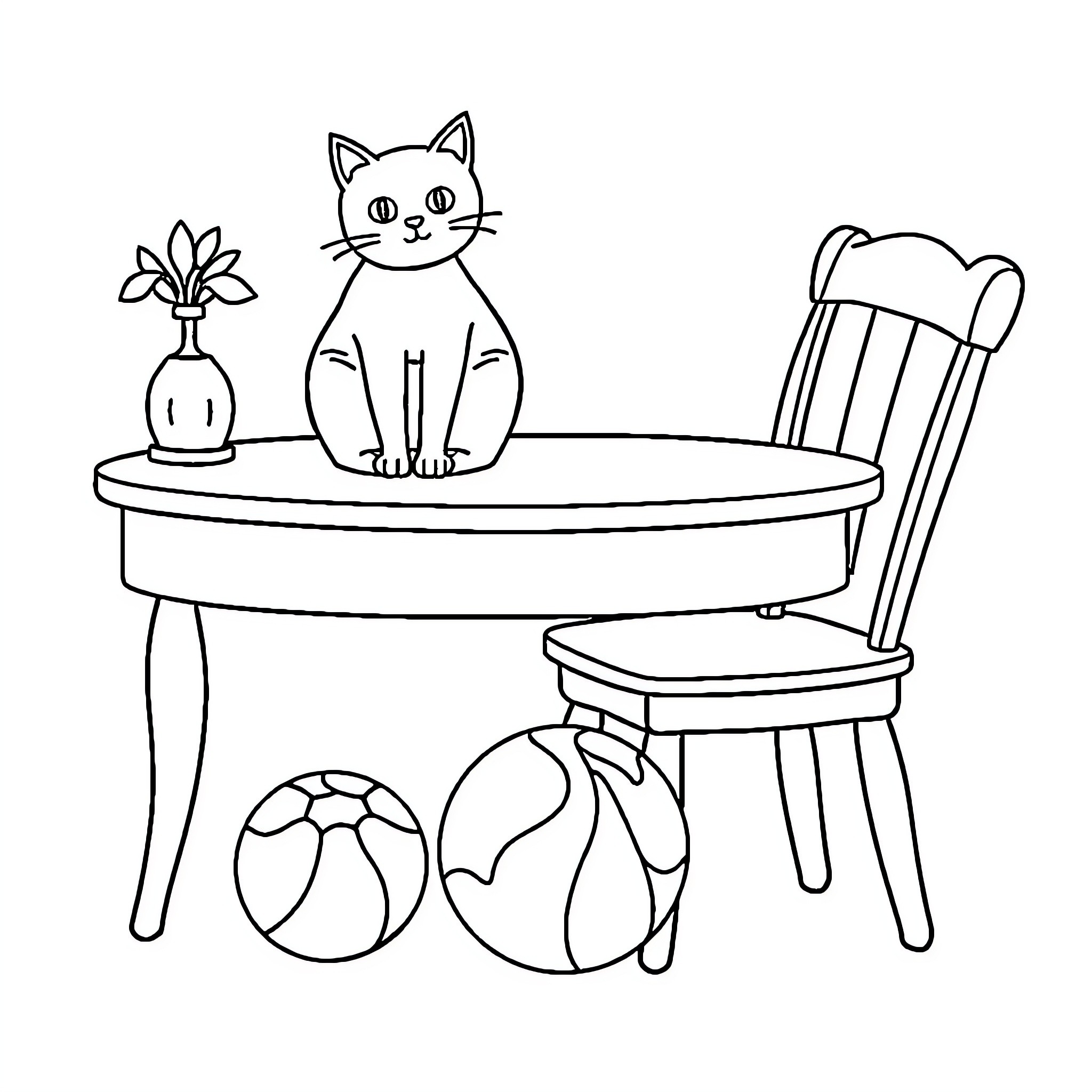 Object with cat, toys, and furniture Coloring Page (free black-and-white line drawing printable PDF for all, from beginners to advanced learners, including children, teens, adults, and seniors)