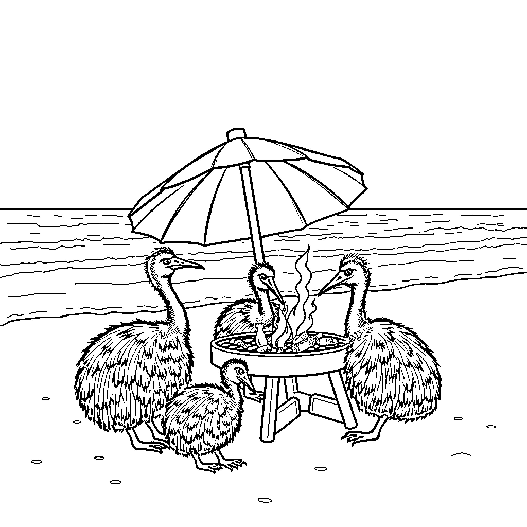Kiwi birds relaxing under beach umbrella Coloring Page (free black-and-white line drawing printable PDF for all, from beginners to advanced learners, including children, teens, adults, and seniors)