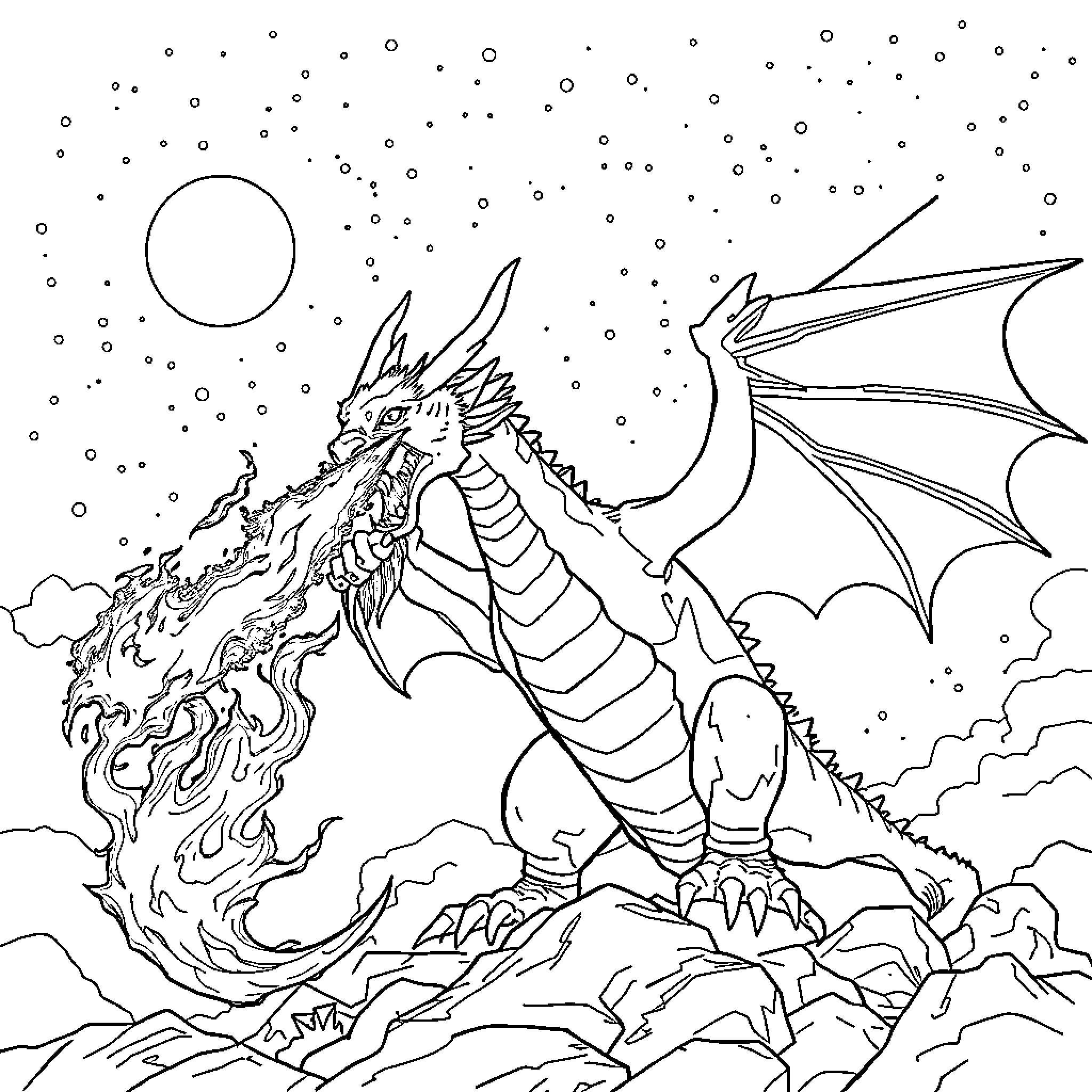 Dragon taking flight in the starry night sky Coloring Page (free black-and-white line drawing printable PDF for all, from beginners to advanced learners, including children, teens, adults, and seniors)