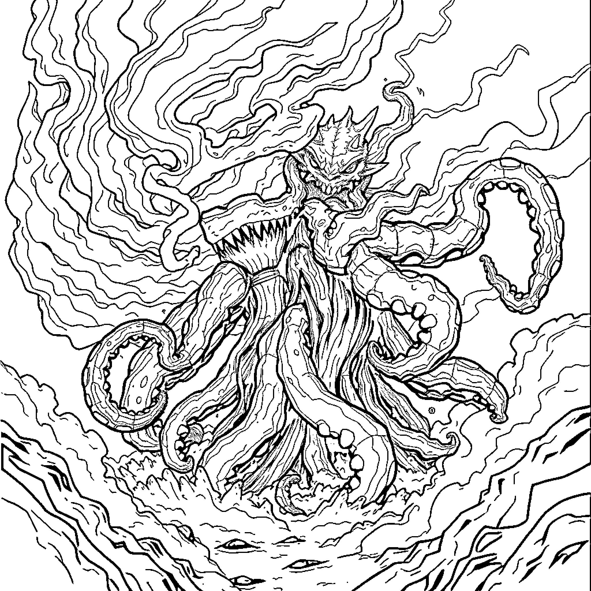 Witherstorm: Monstrous Creature Emerging from Chaos Coloring Page (free black-and-white line drawing printable PDF for all, from beginners to advanced learners, including children, teens, adults, and seniors)