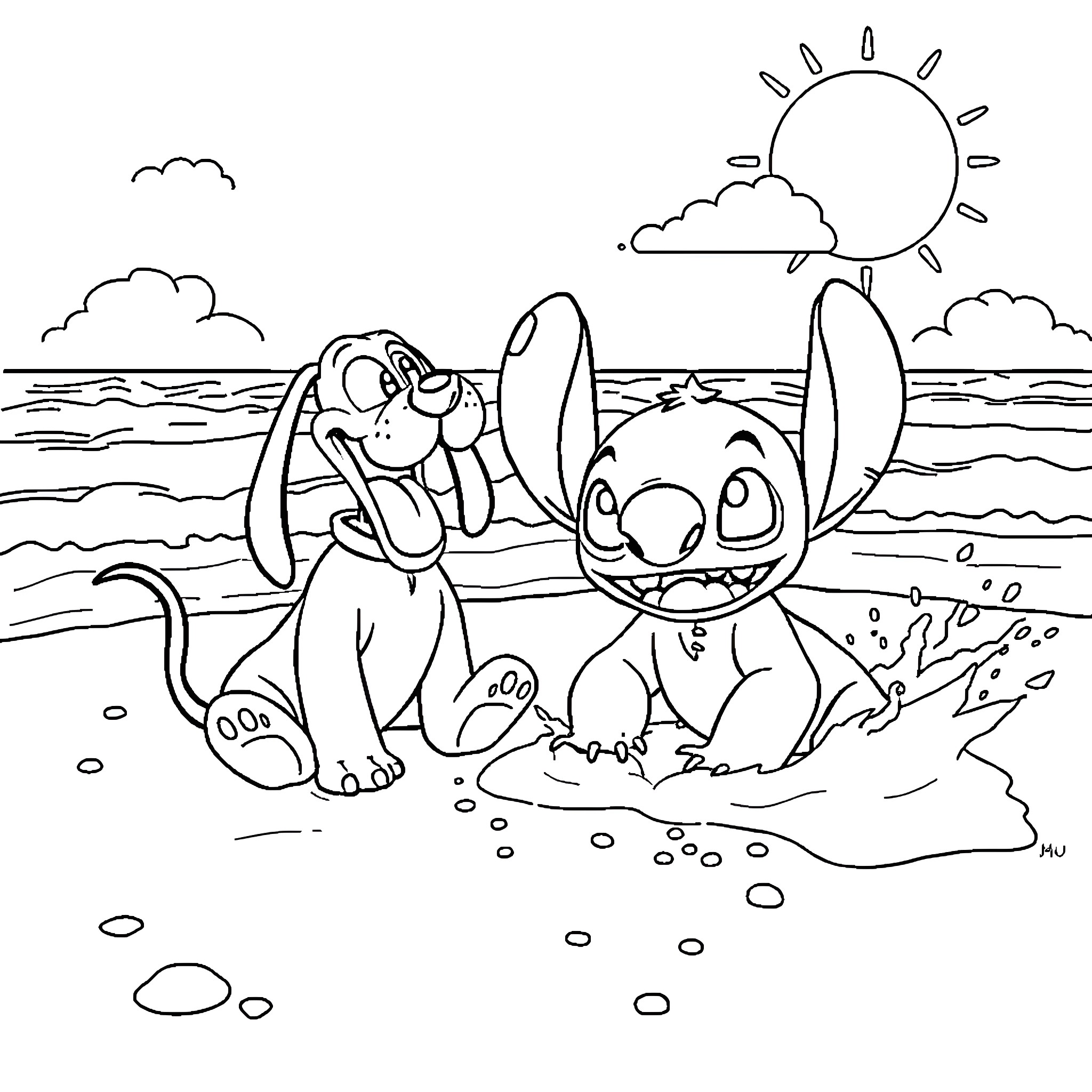 Stitch and Scrump playing at the beach Coloring Page (free black-and-white line drawing printable PDF for all, from beginners to advanced learners, including children, teens, adults, and seniors)