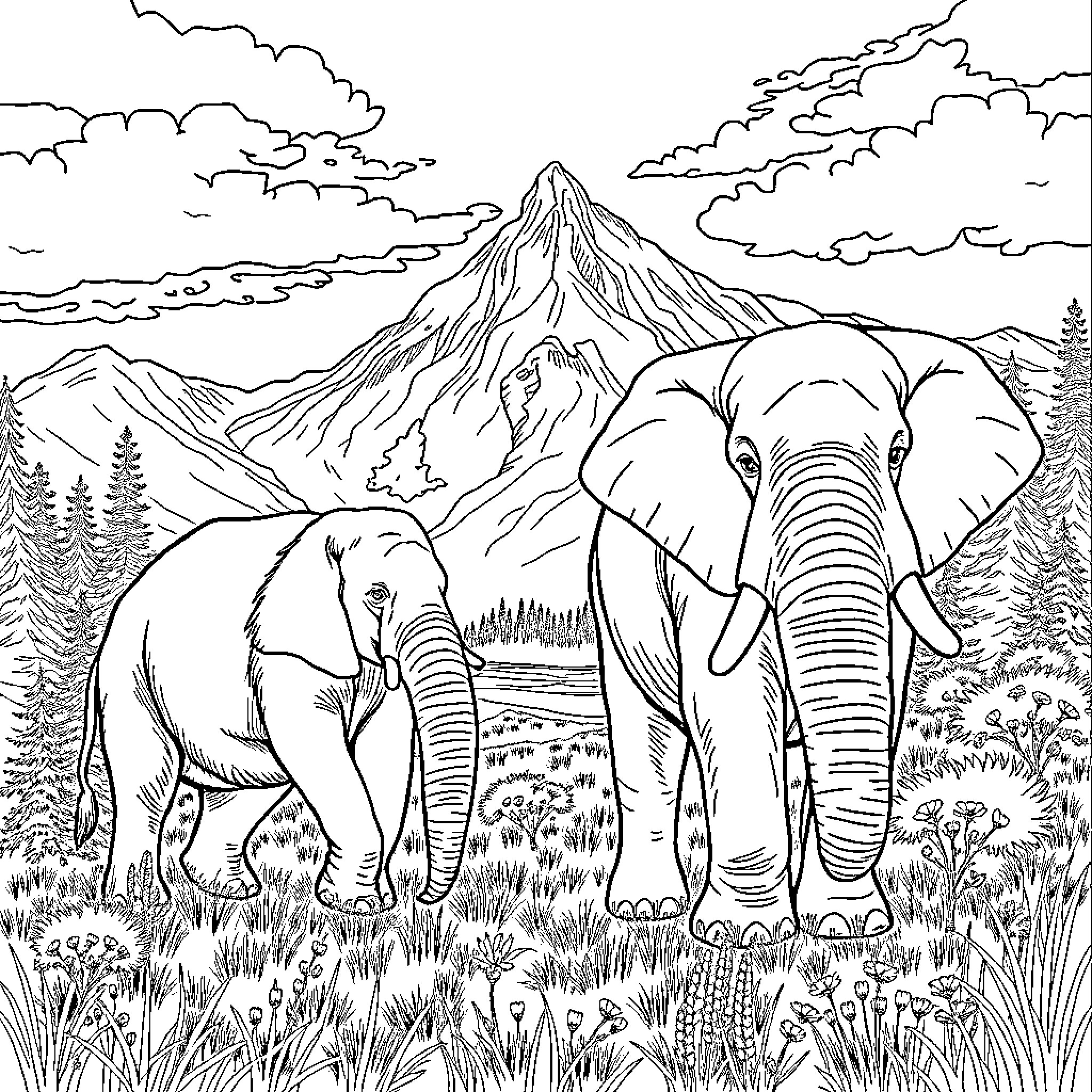 Mouse elephants exploring mountainous landscape Coloring Page (free black-and-white line drawing printable PDF for all, from beginners to advanced learners, including children, teens, adults, and seniors)