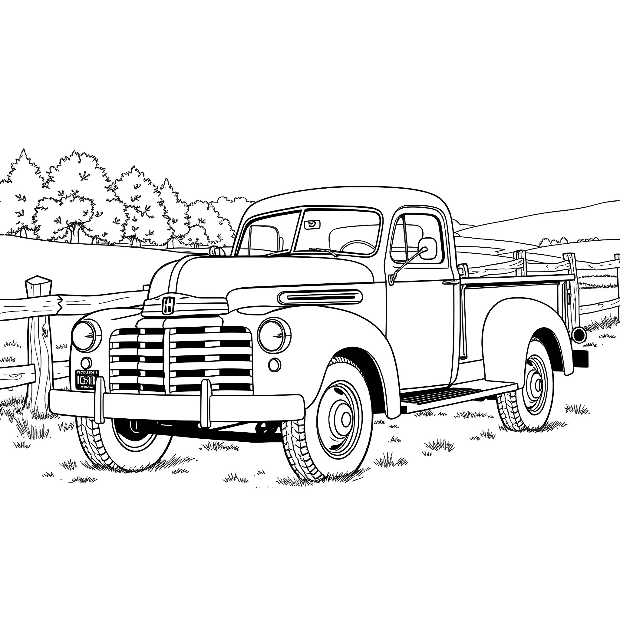 Ih Pickup Truck in Countryside Landscape Coloring Page (free black-and-white line drawing printable PDF for all, from beginners to advanced learners, including children, teens, adults, and seniors)