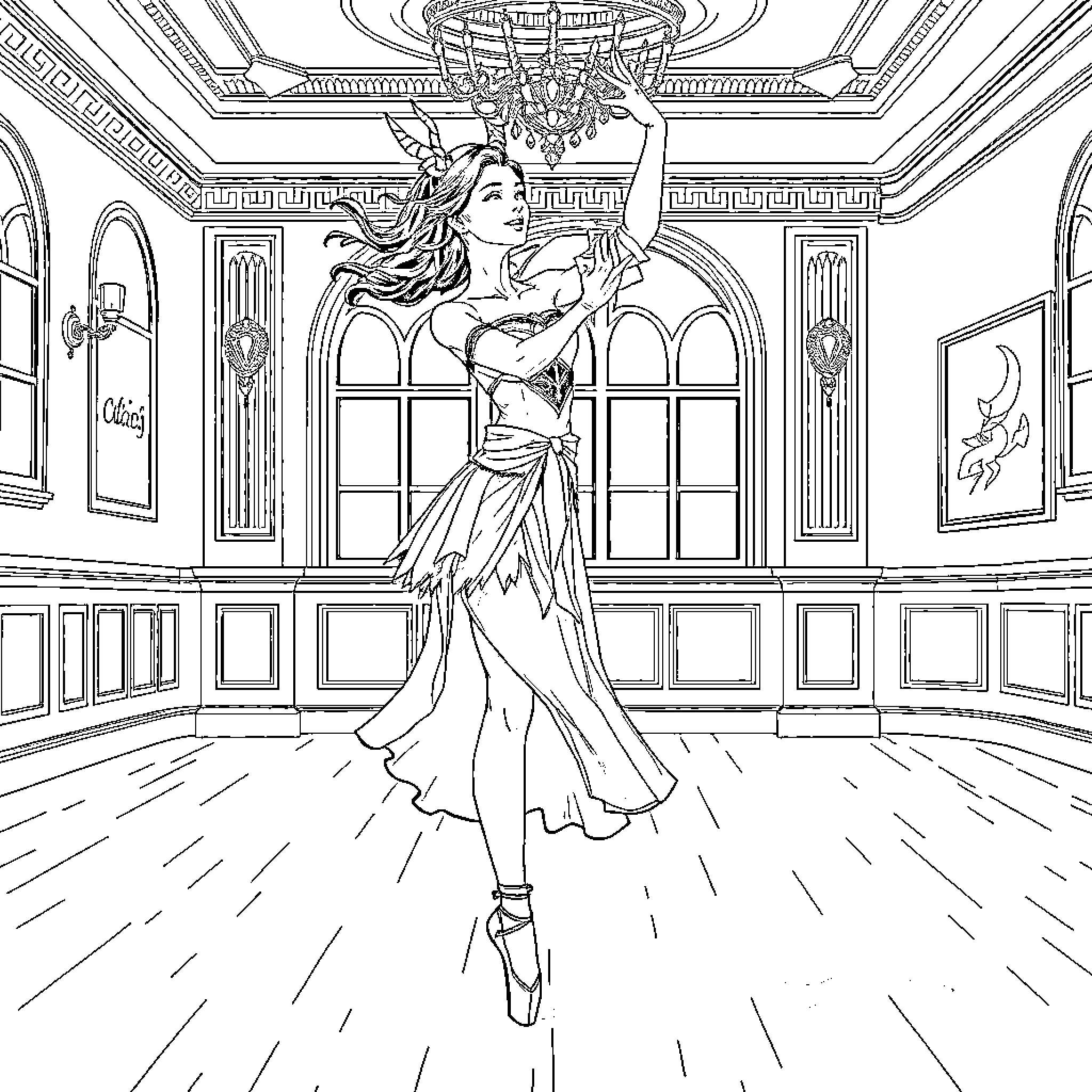 Rumi's Graceful Dance in Elegant Ballroom Coloring Page (free black-and-white line drawing printable PDF for all, from beginners to advanced learners, including children, teens, adults, and seniors)