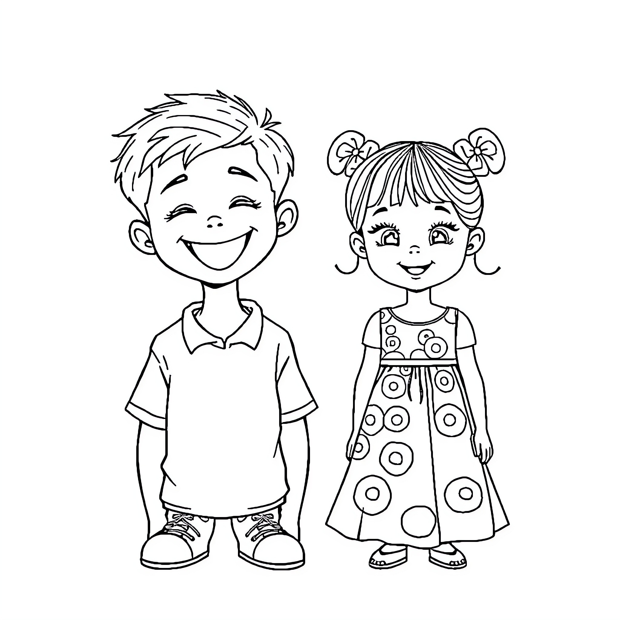 Child friends happily smiling together Coloring Page (free black-and-white line drawing printable PDF for all, from beginners to advanced learners, including children, teens, adults, and seniors)