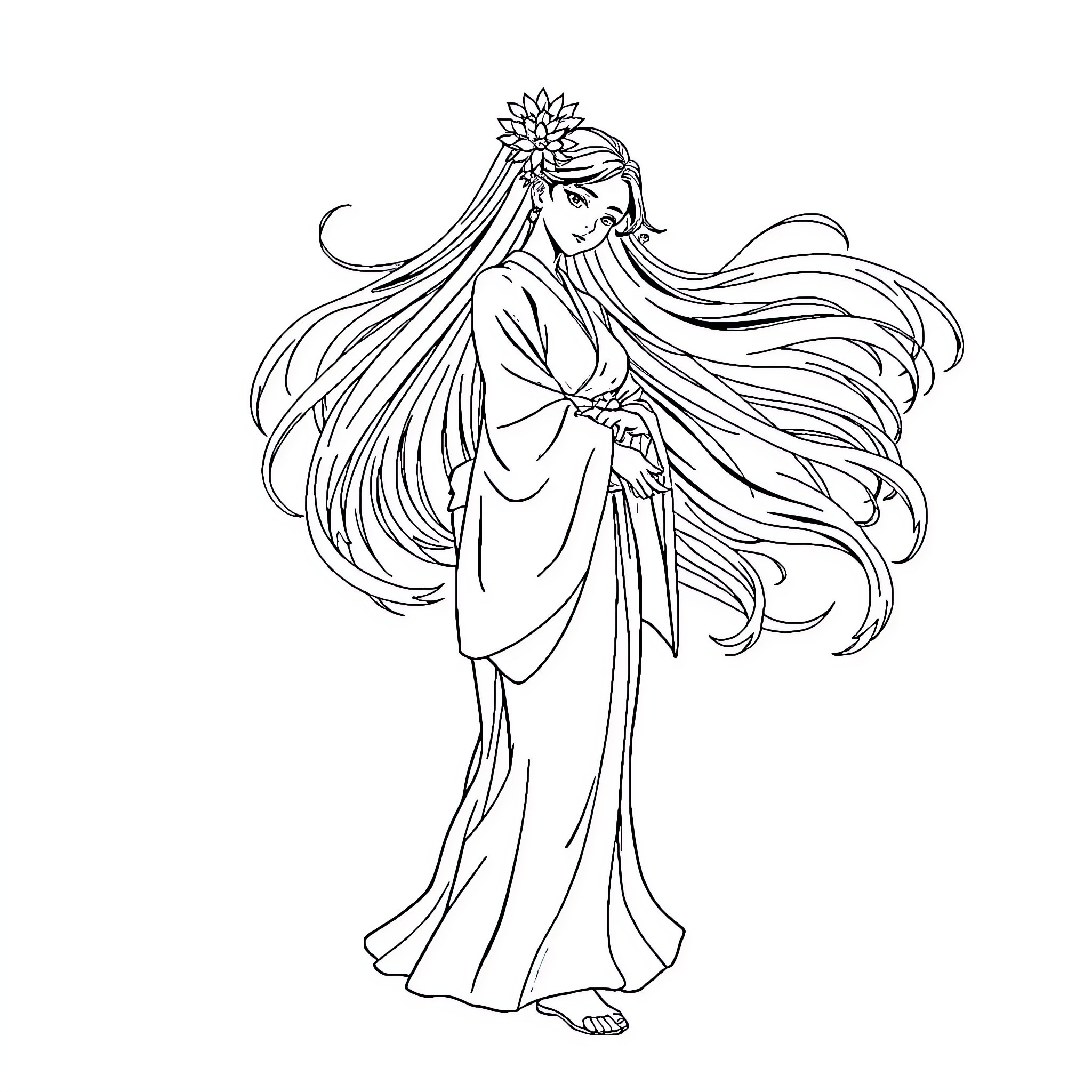 Nezuko in elegant traditional Japanese attire Coloring Page (free black-and-white line drawing printable PDF for all, from beginners to advanced learners, including children, teens, adults, and seniors)