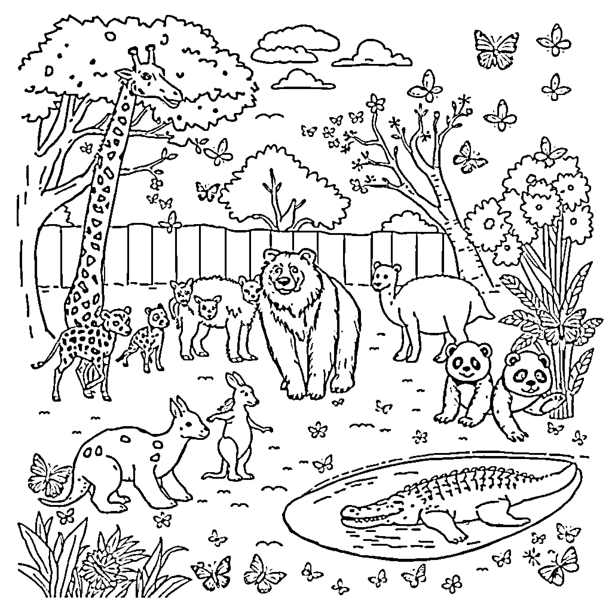 Zoo animals playing in the lush landscape Coloring Page (free black-and-white line drawing printable PDF for all, from beginners to advanced learners, including children, teens, adults, and seniors)