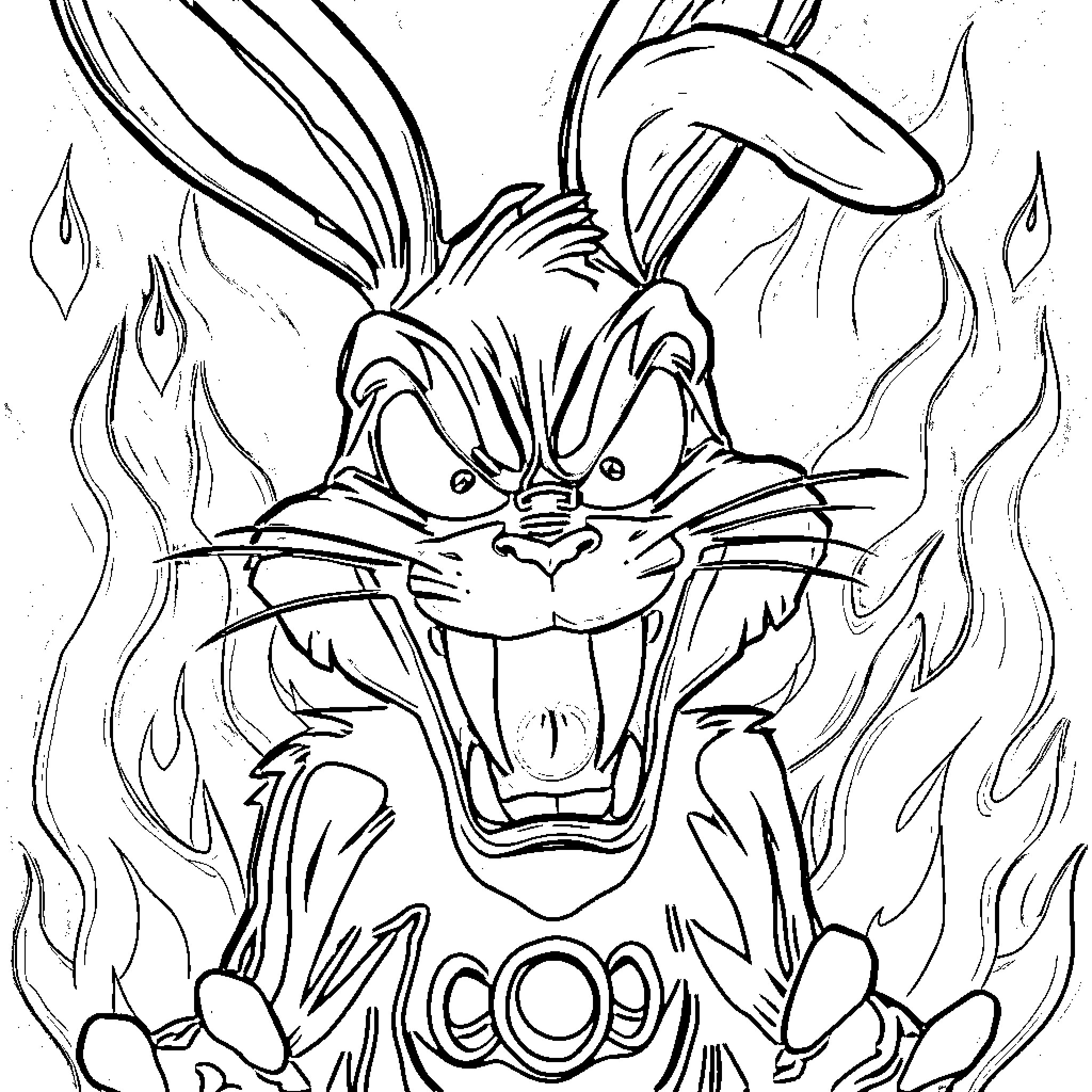 Bugs Bunny in mischievous action with flames Coloring Page (free black-and-white line drawing printable PDF for all, from beginners to advanced learners, including children, teens, adults, and seniors)