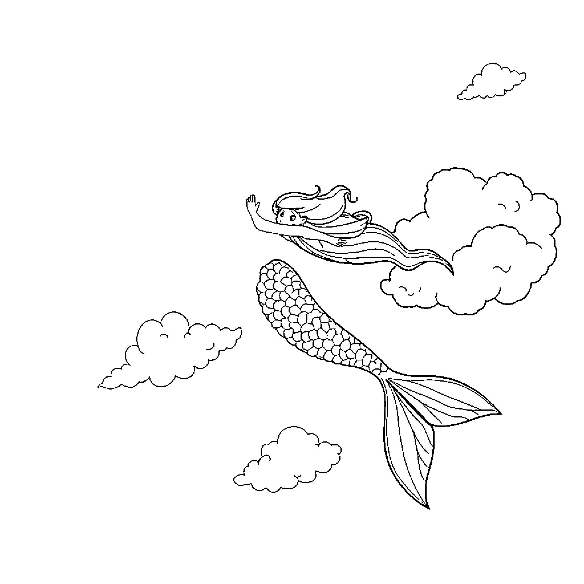 Mermaid swimming gracefully in the clouds Coloring Page (free black-and-white line drawing printable PDF for all, from beginners to advanced learners, including children, teens, adults, and seniors)