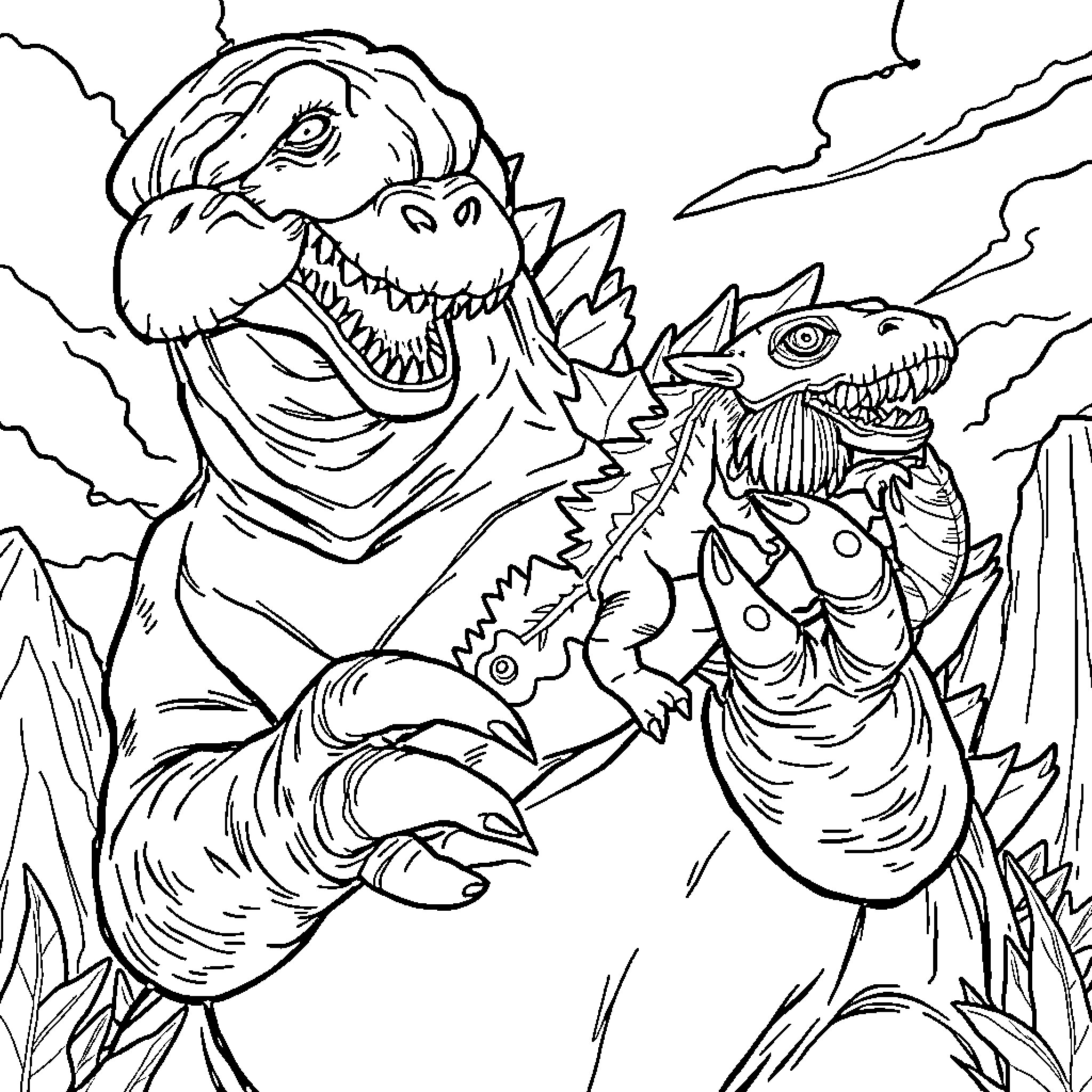 Godzilla and giant reptile confront each other in dramatic scene Coloring Page (free black-and-white line drawing printable PDF for all, from beginners to advanced learners, including children, teens, adults, and seniors)