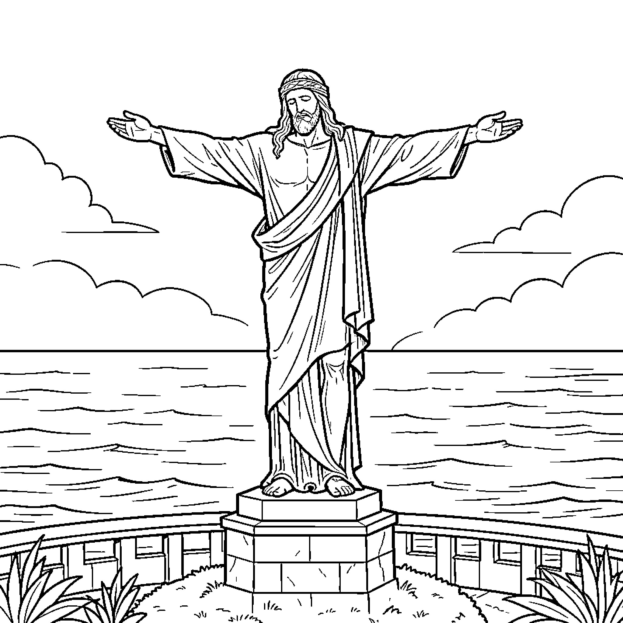 Cristo's expansive embrace over the sea Coloring Page (free black-and-white line drawing printable PDF for all, from beginners to advanced learners, including children, teens, adults, and seniors)
