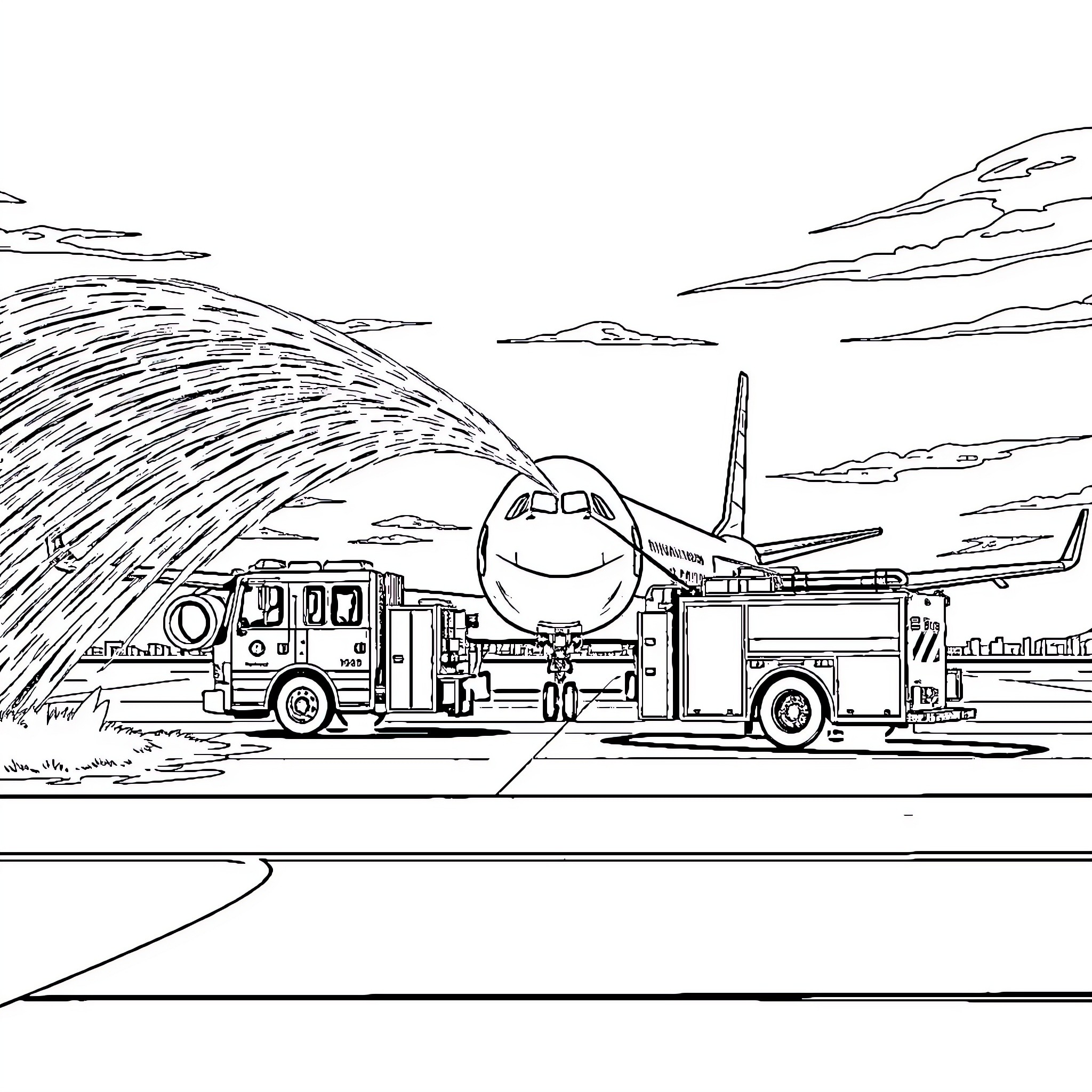 Fire Truck Responding to an Emergency at the Airport Coloring Page (free black-and-white line drawing printable PDF for all, from beginners to advanced learners, including children, teens, adults, and seniors)