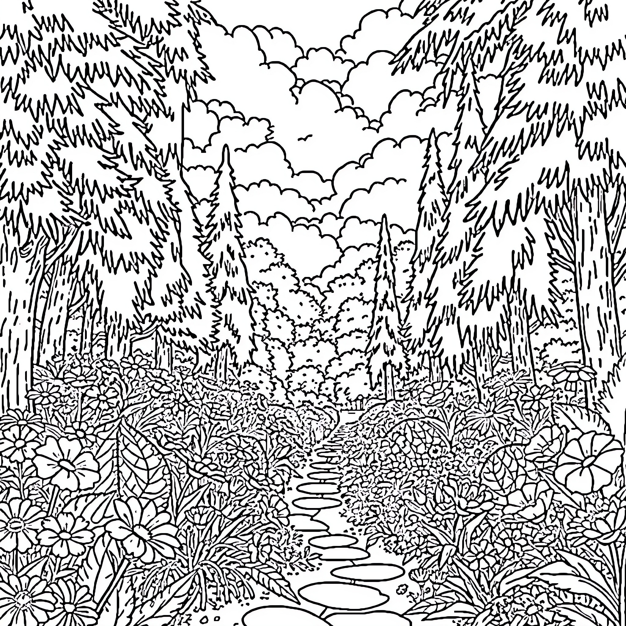 Garden of Eden: Lush Wilderness and Floral Abundance Coloring Page (free black-and-white line drawing printable PDF for all, from beginners to advanced learners, including children, teens, adults, and seniors)