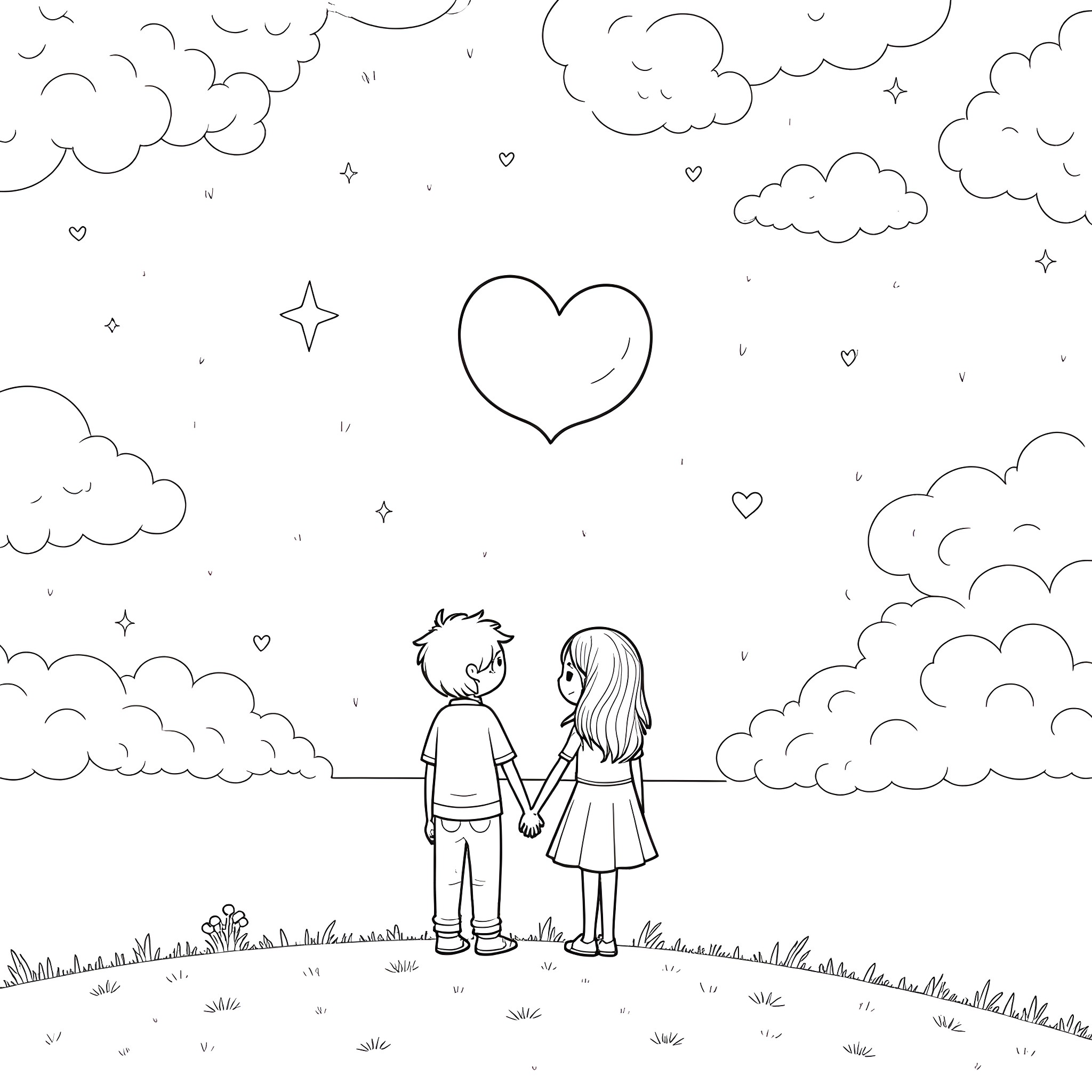 Moon Couple walking together under starry sky Coloring Page (free black-and-white line drawing printable PDF for all, from beginners to advanced learners, including children, teens, adults, and seniors)