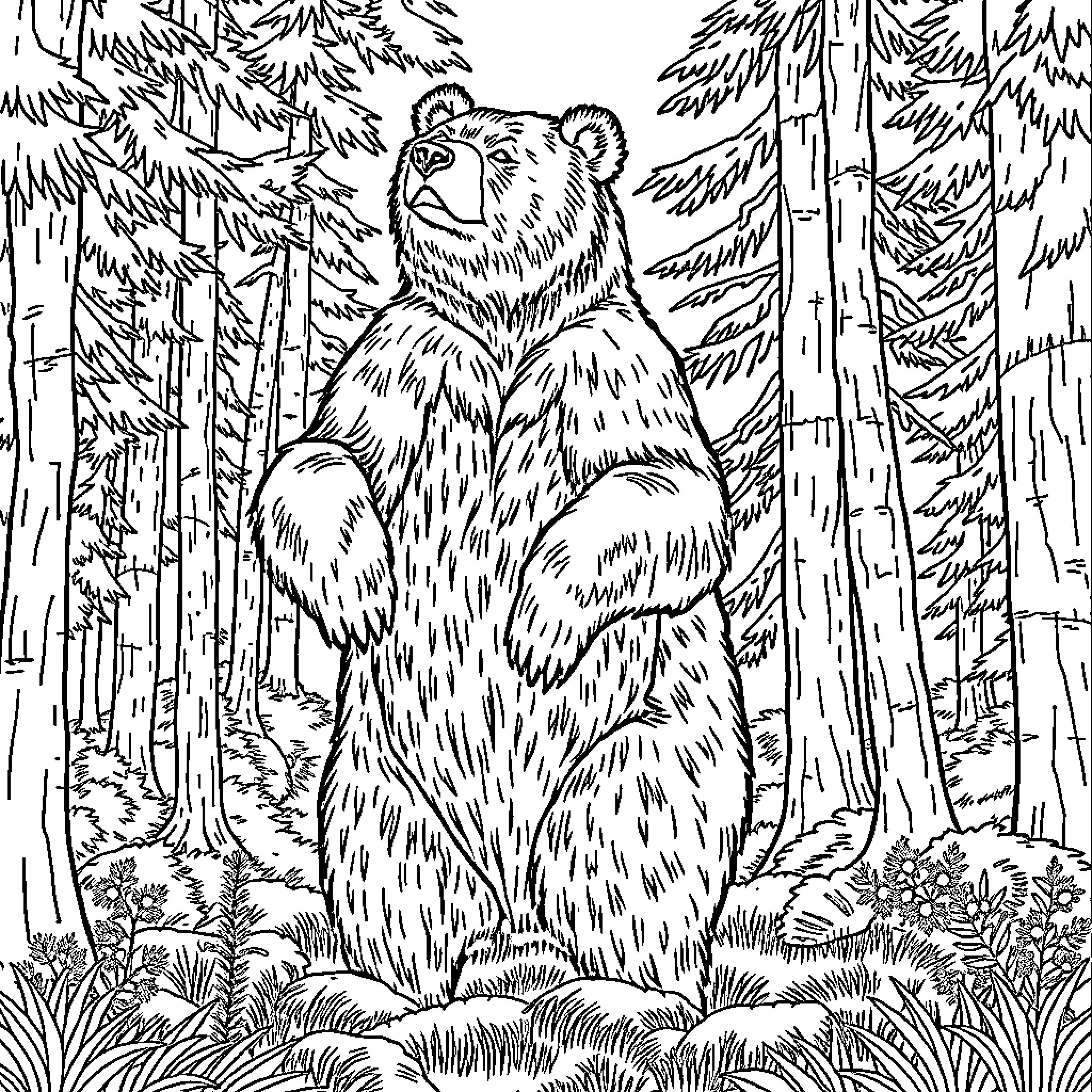 Bear sitting in a forest surrounded by trees Coloring Page (free black-and-white line drawing printable PDF for all, from beginners to advanced learners, including children, teens, adults, and seniors)