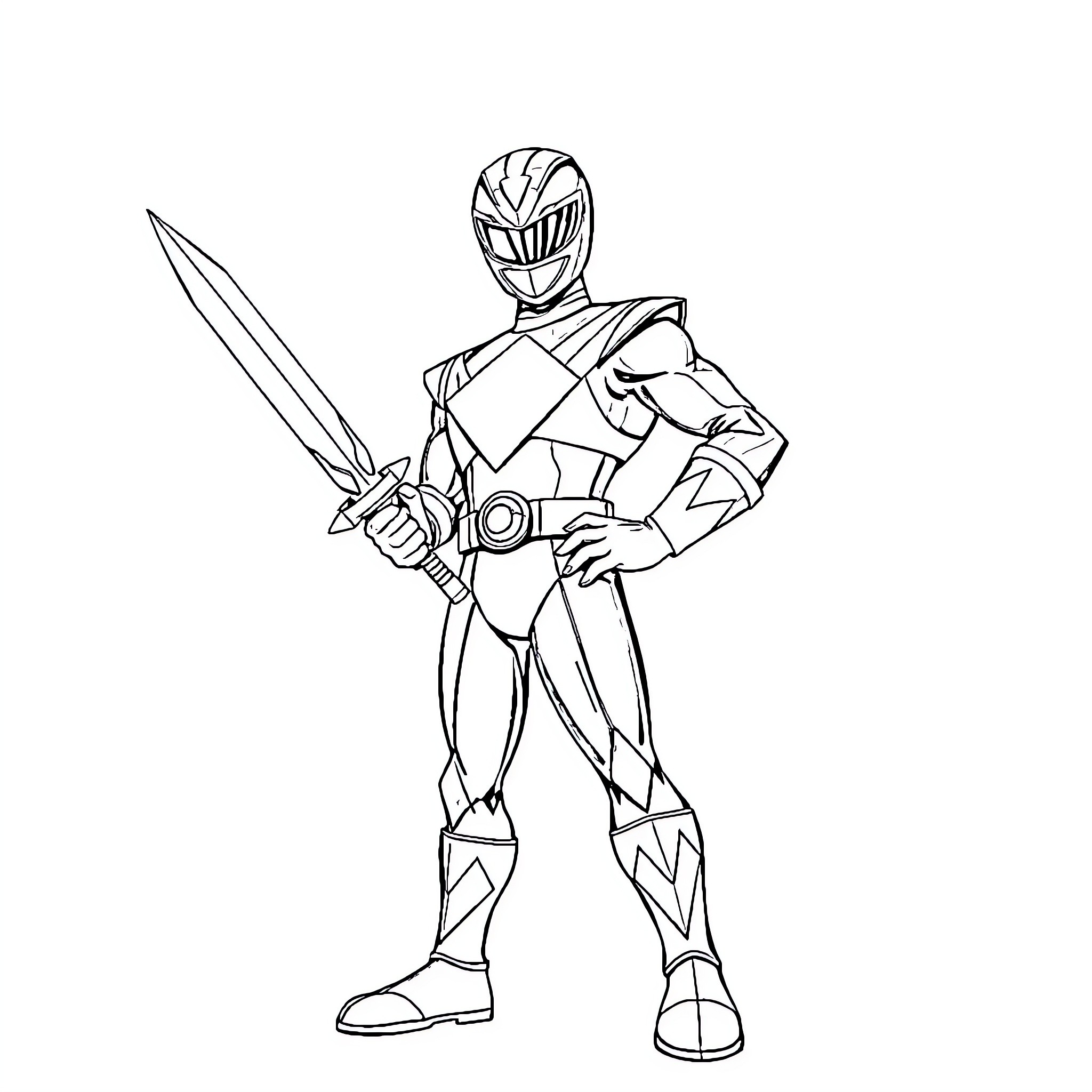 Green Ranger stands heroically with sword drawn Coloring Page (free black-and-white line drawing printable PDF for all, from beginners to advanced learners, including children, teens, adults, and seniors)