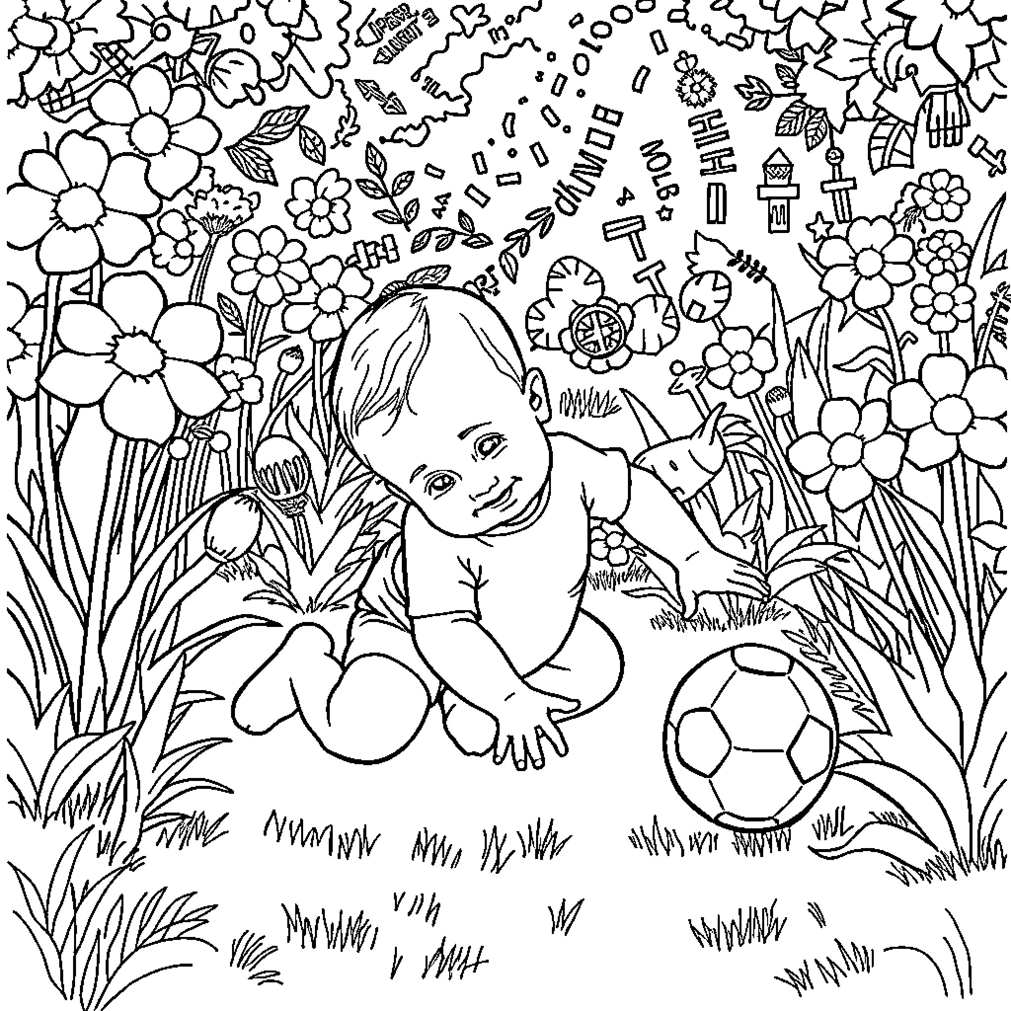 Baby playing joyfully in a floral garden Coloring Page (free black-and-white line drawing printable PDF for all, from beginners to advanced learners, including children, teens, adults, and seniors)