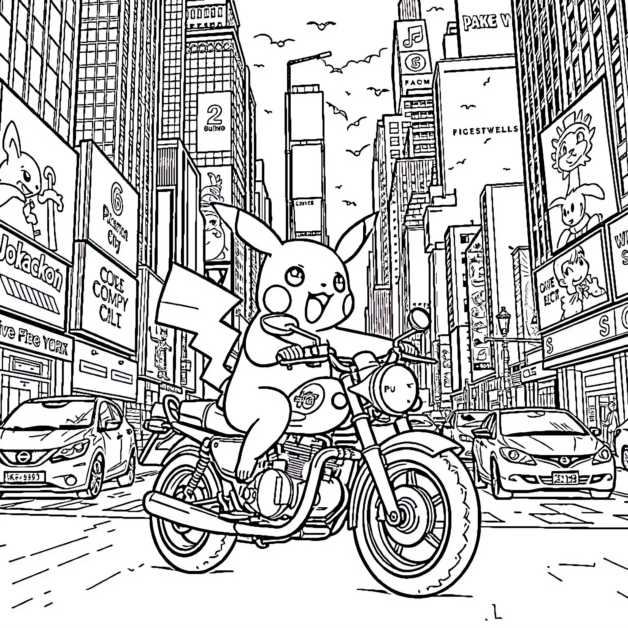 Pikachu riding a motorcycle through the city Coloring Page (free black-and-white line drawing printable PDF for all, from beginners to advanced learners, including children, teens, adults, and seniors)