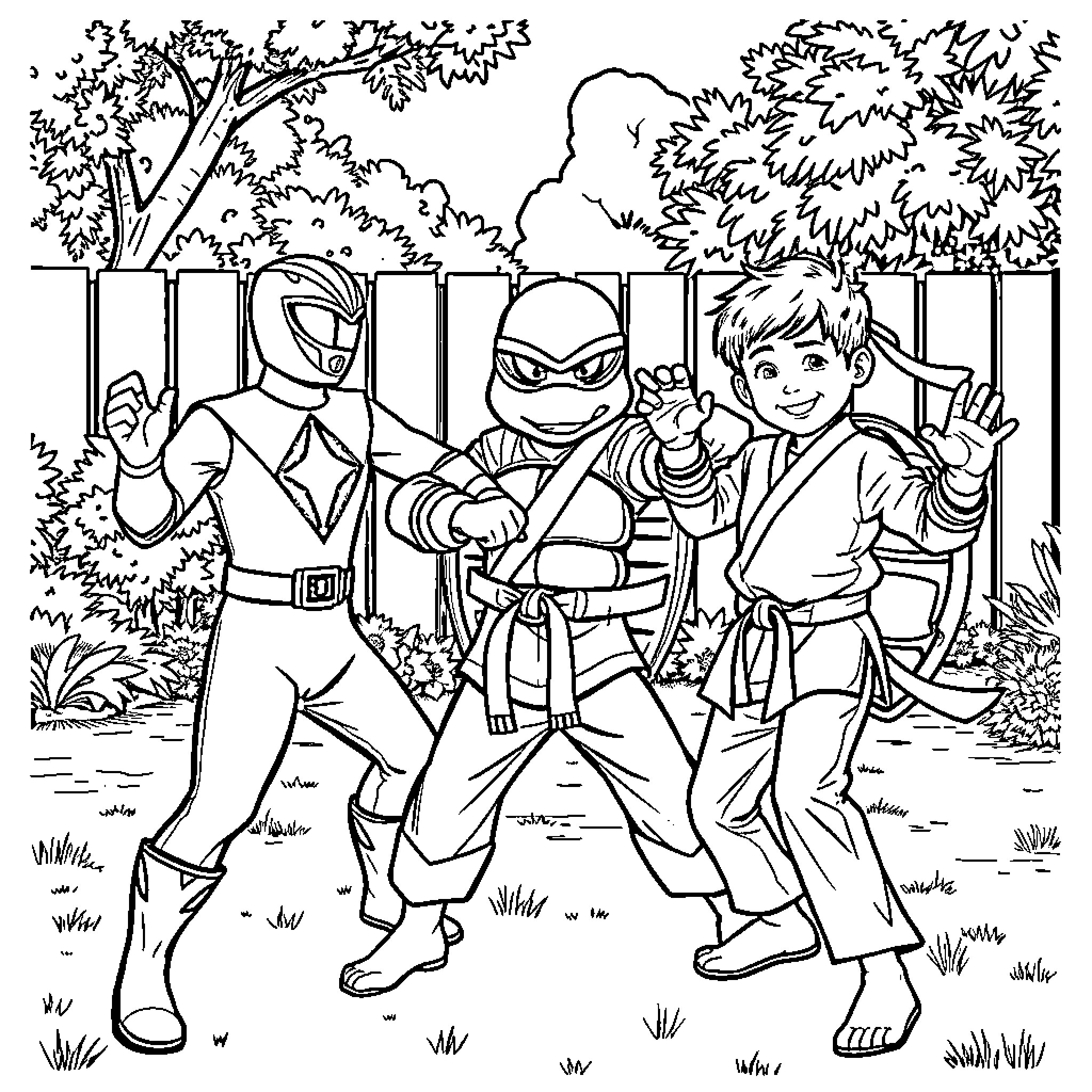 Karate Kids Training in the Forest Coloring Page (free black-and-white line drawing printable PDF for all, from beginners to advanced learners, including children, teens, adults, and seniors)