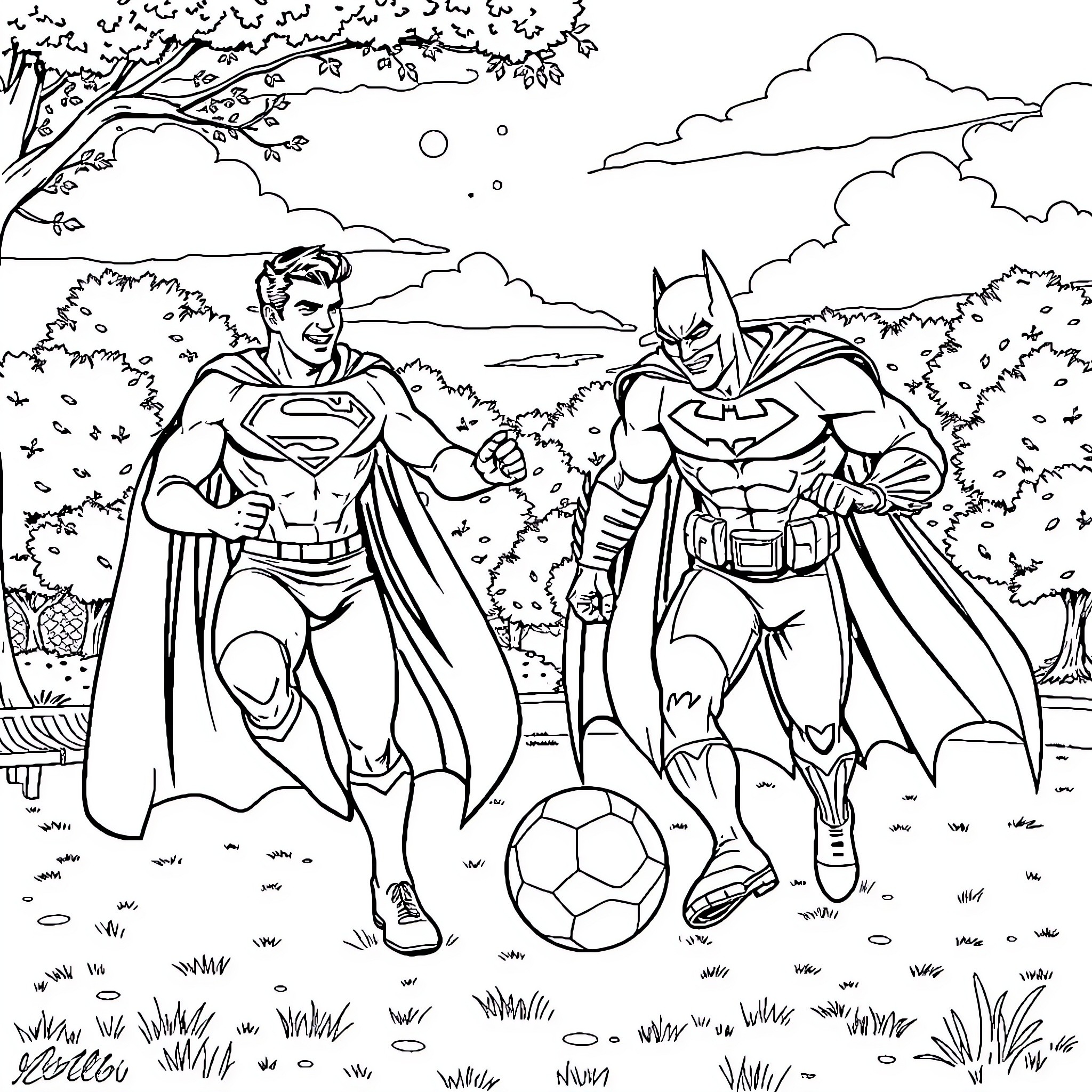 Superman and Batman playing soccer in the park Coloring Page (free black-and-white line drawing printable PDF for all, from beginners to advanced learners, including children, teens, adults, and seniors)