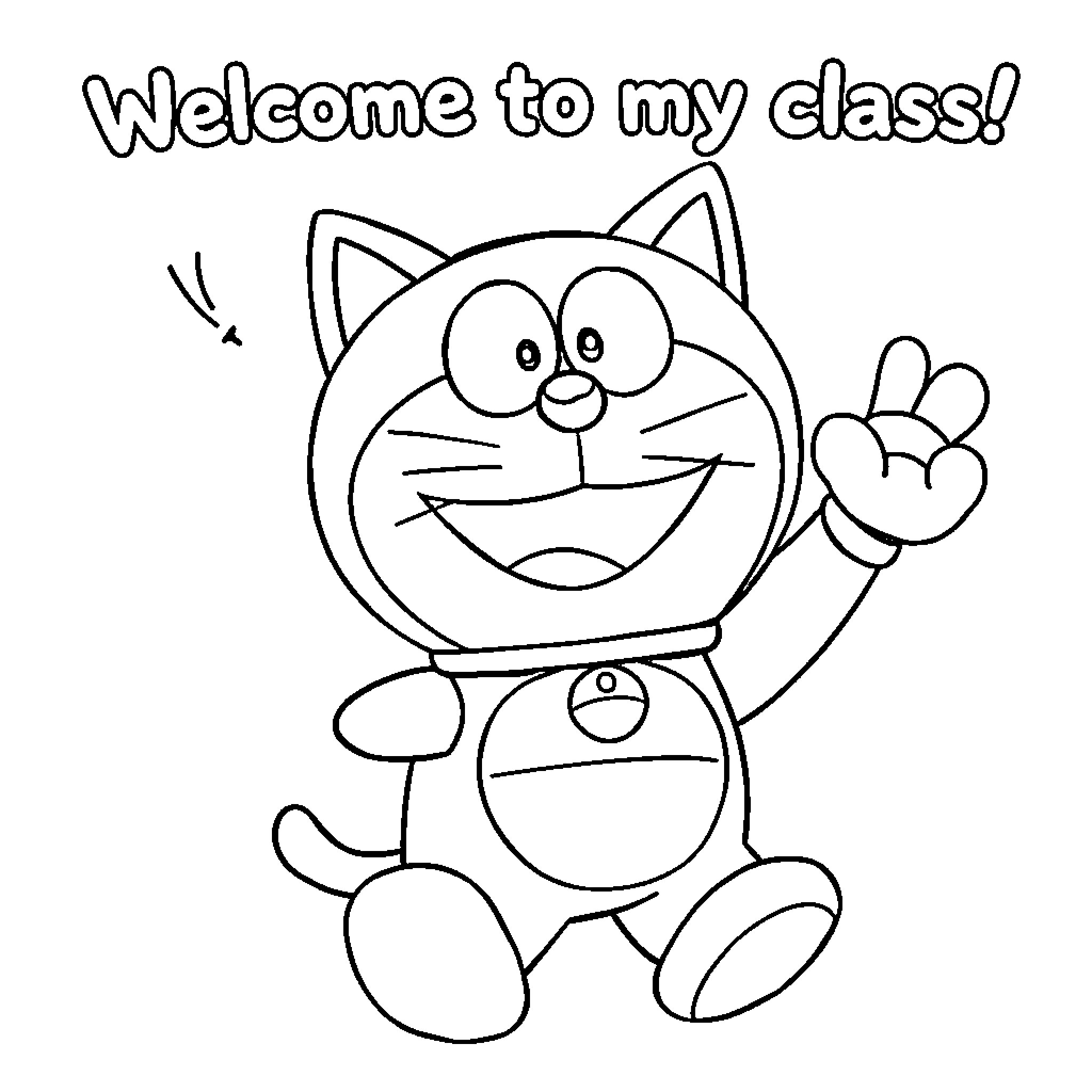 Doraemon greeting class with cheerful expression Coloring Page (free black-and-white line drawing printable PDF for all, from beginners to advanced learners, including children, teens, adults, and seniors)