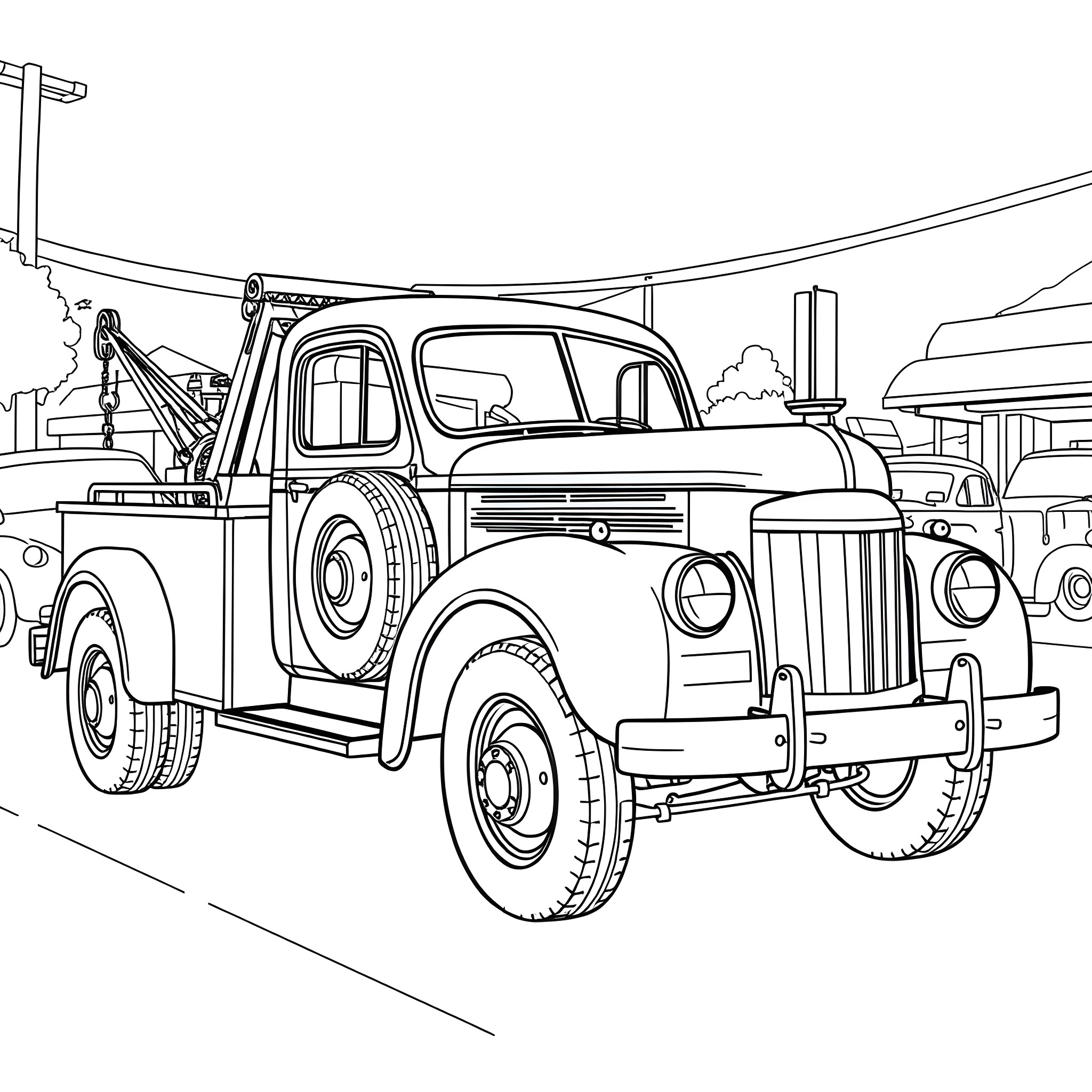 Tow Truck Carrying an Old Vintage Vehicle Coloring Page (free black-and-white line drawing printable PDF for all, from beginners to advanced learners, including children, teens, adults, and seniors)