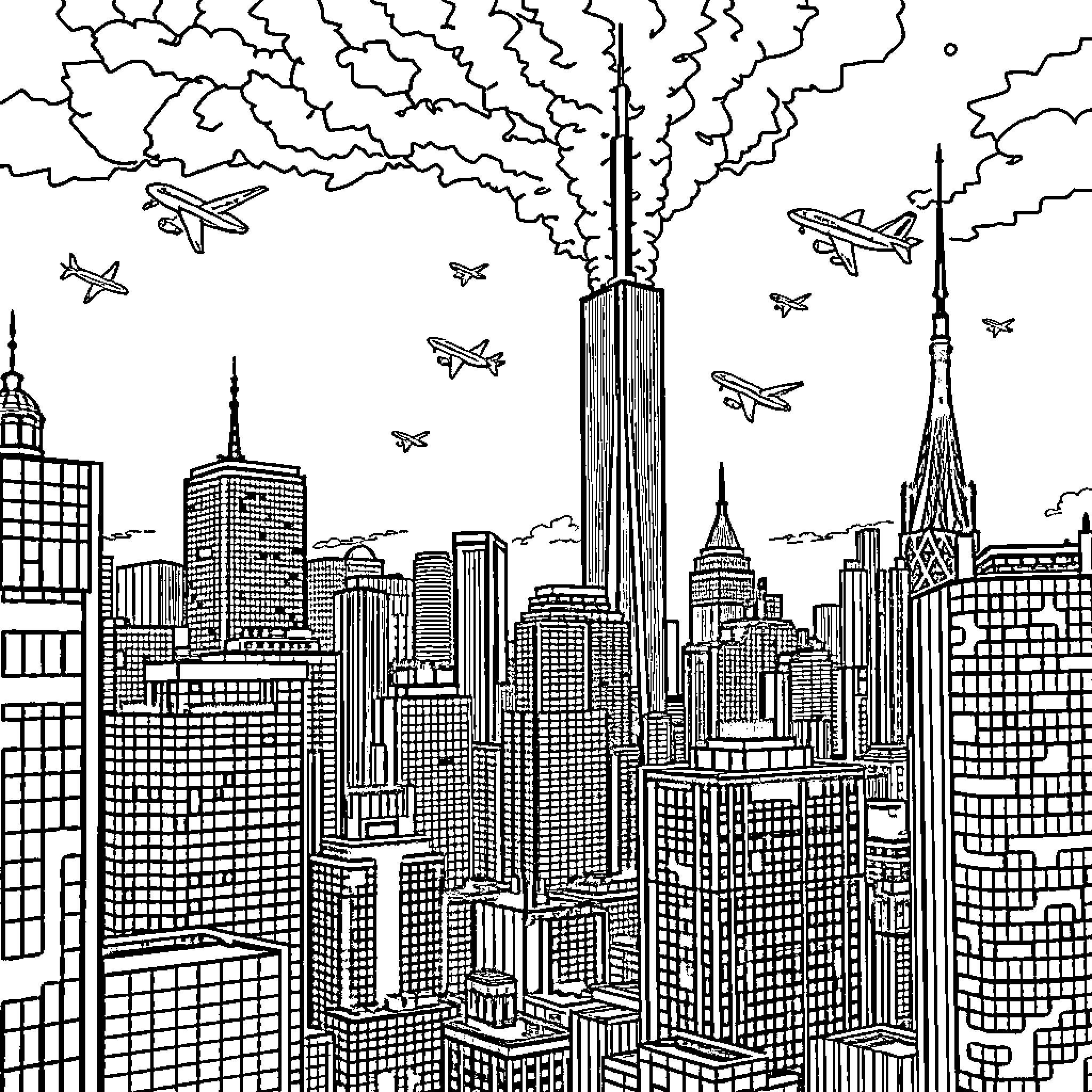 9/11 Cityscape Devastation and Chaos Coloring Page (free black-and-white line drawing printable PDF for all, from beginners to advanced learners, including children, teens, adults, and seniors)
