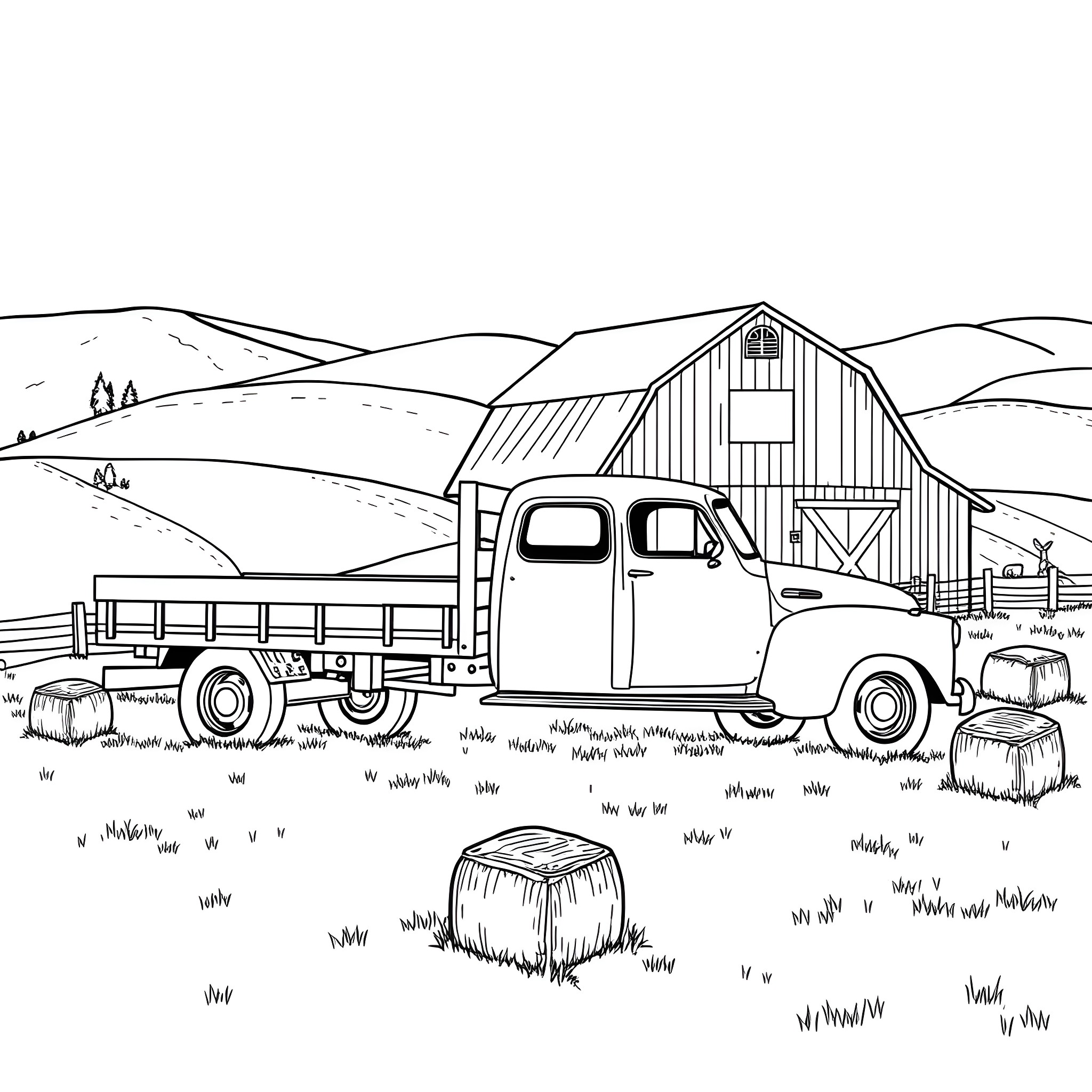 Flatbed truck in a rural countryside setting Coloring Page (free black-and-white line drawing printable PDF for all, from beginners to advanced learners, including children, teens, adults, and seniors)