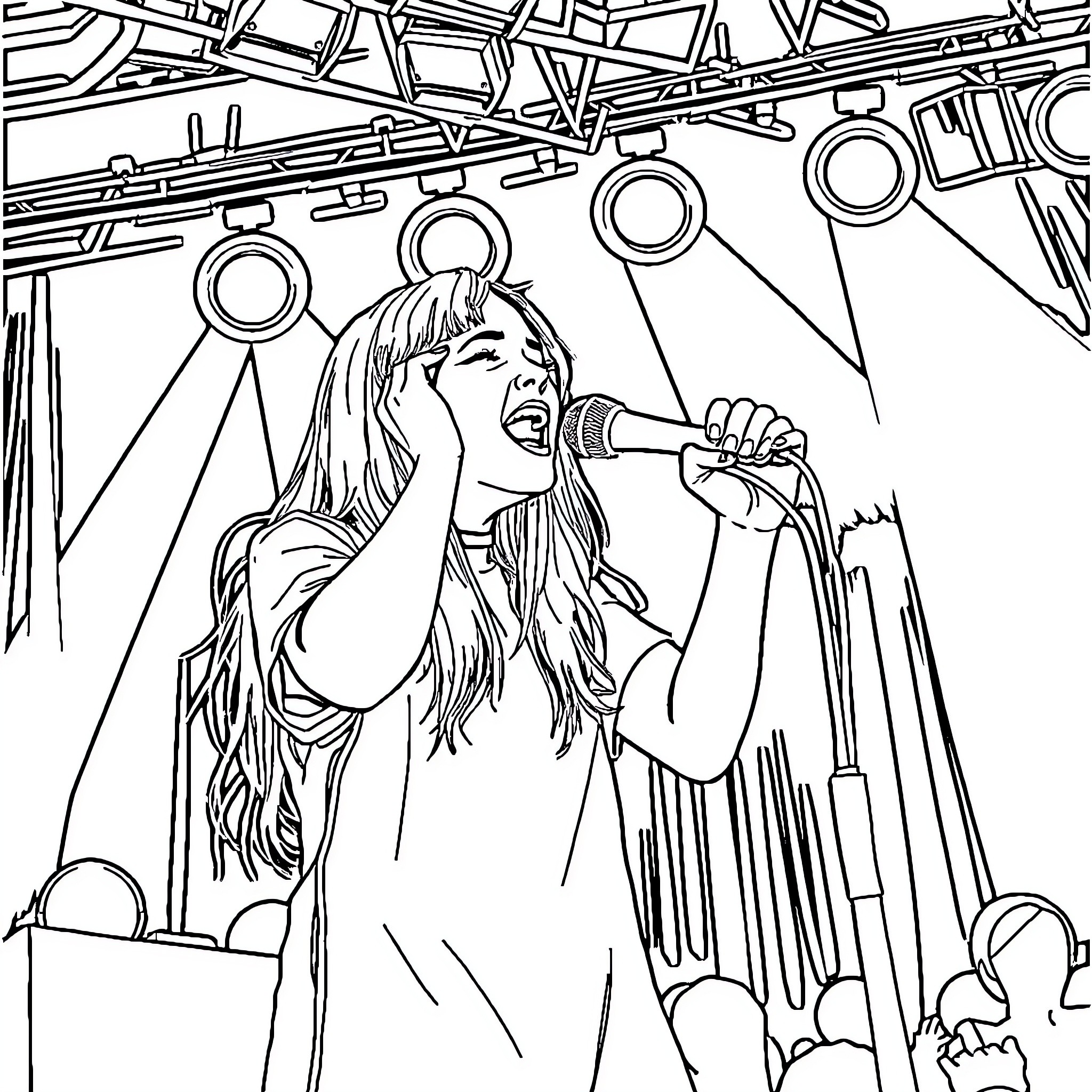 Billie Eilish Performing on Stage with Microphone Coloring Page (free black-and-white line drawing printable PDF for all, from beginners to advanced learners, including children, teens, adults, and seniors)