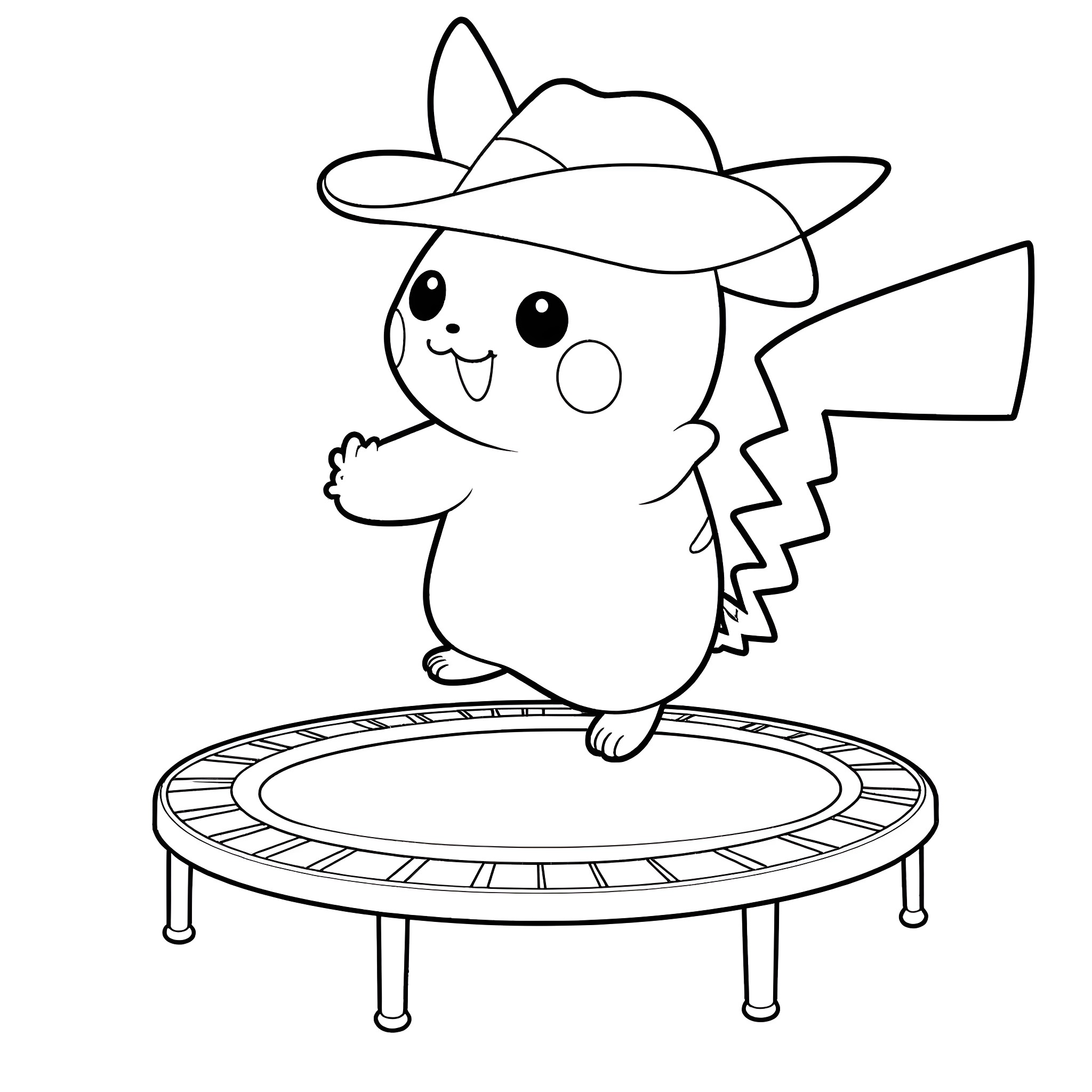 Pikachu jumping happily on trampoline Coloring Page (free black-and-white line drawing printable PDF for all, from beginners to advanced learners, including children, teens, adults, and seniors)